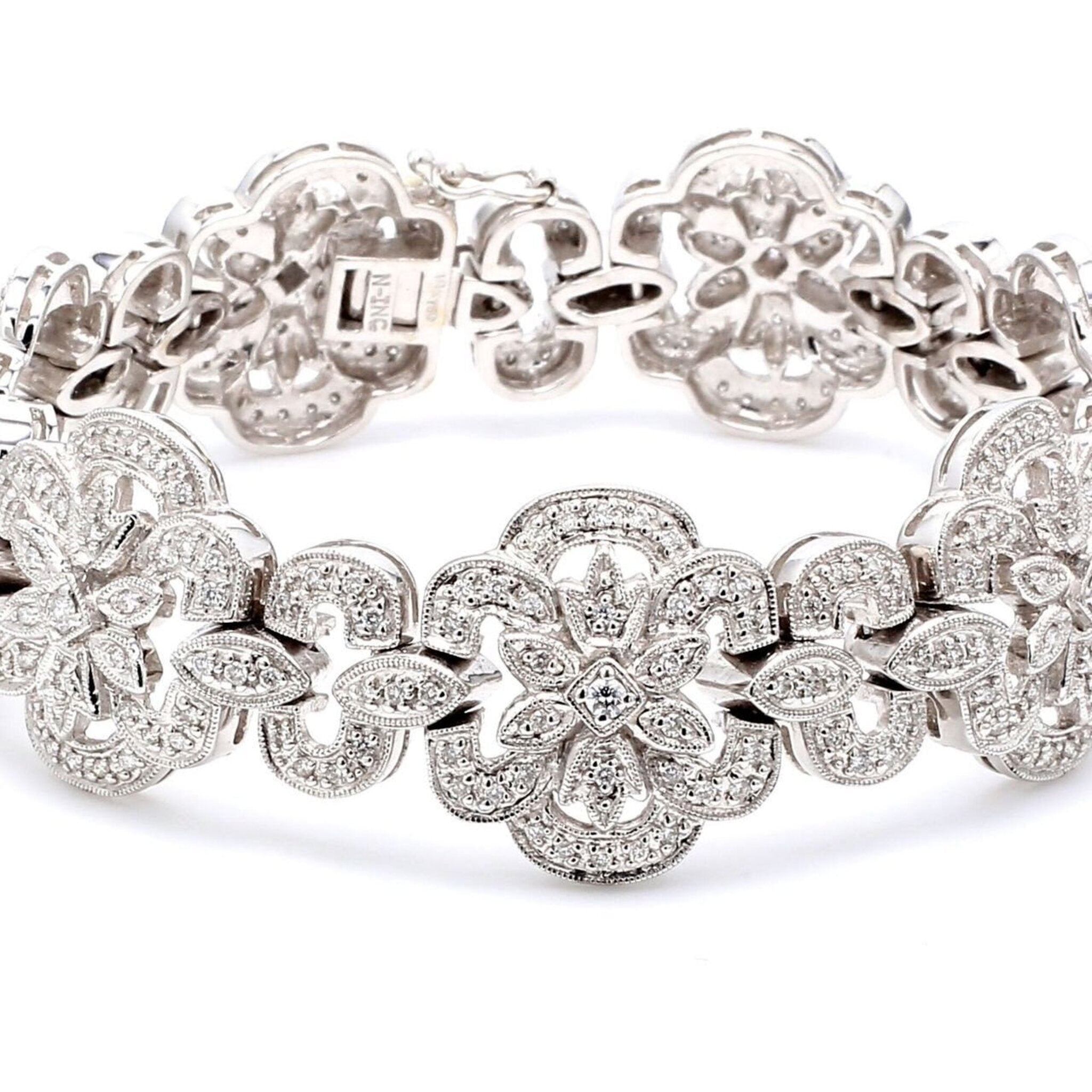 Ninacci 18K White Gold 7" Flower Design Antique Bracelet with Round Diamonds - 1.89 Carat Total Diamond Weight