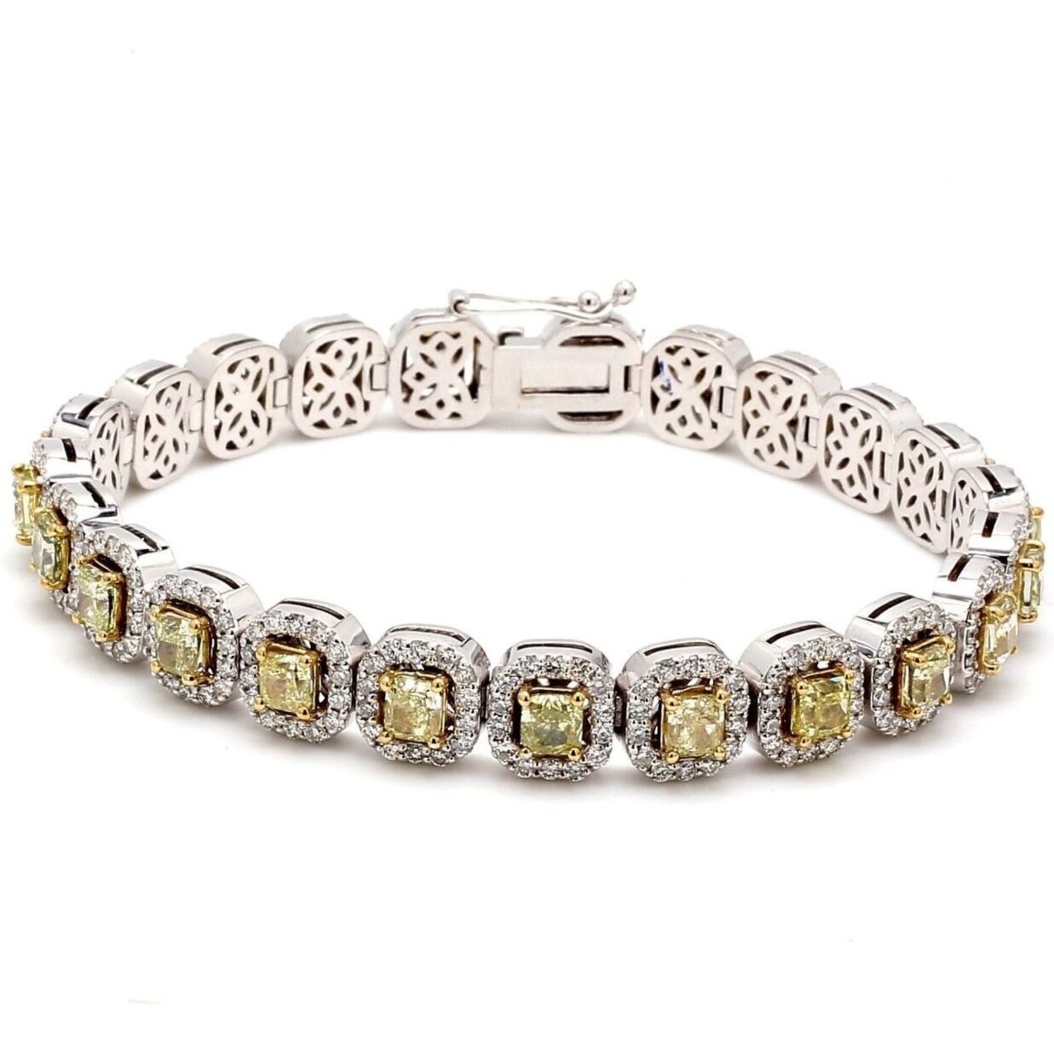 Ninacci 18K White Gold 7" Halo Tennis Bracelet with Fancy Yellow Cushion Diamonds - 10.15 Carat Total Diamond Weight