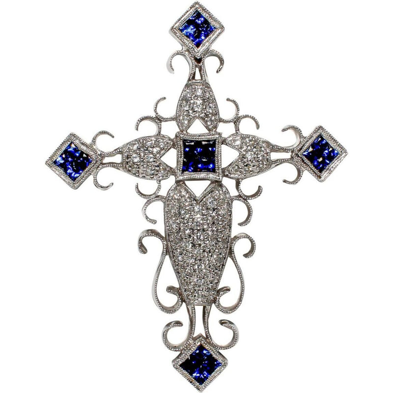 Ninacci 18K White Gold Antique Style Cross Pendant with Pave Set Diamonds and Princess Cut Sapphires - 1.89 Carats Total Gem Weight