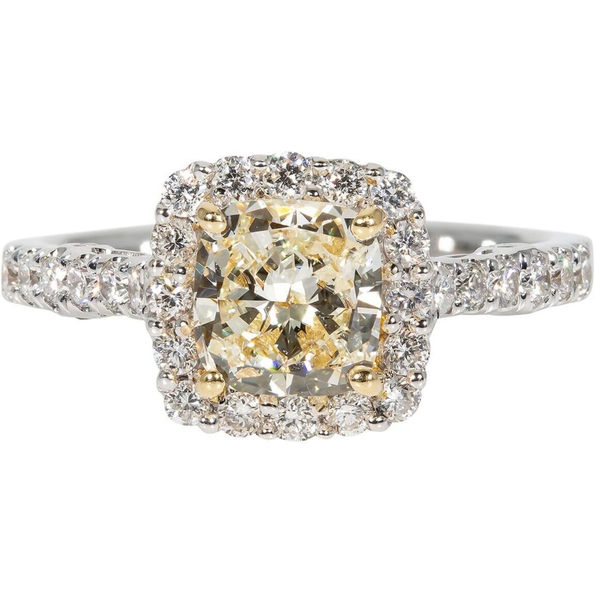 Ninacci 18K White Gold Cushion Cut Diamond Halo Ring - 1.70 Carat Total Diamond Weight