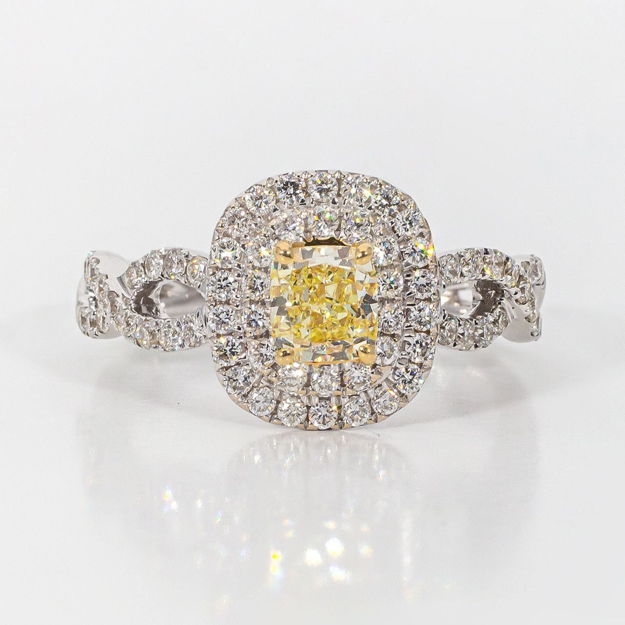 Ninacci 18K White Gold Double Halo Criss-Cross Shank Ring with FY Cushion Cut Diamond - 1.15 Carat Total Diamond Weight (Center 0.57 Carats) - Size 6.75