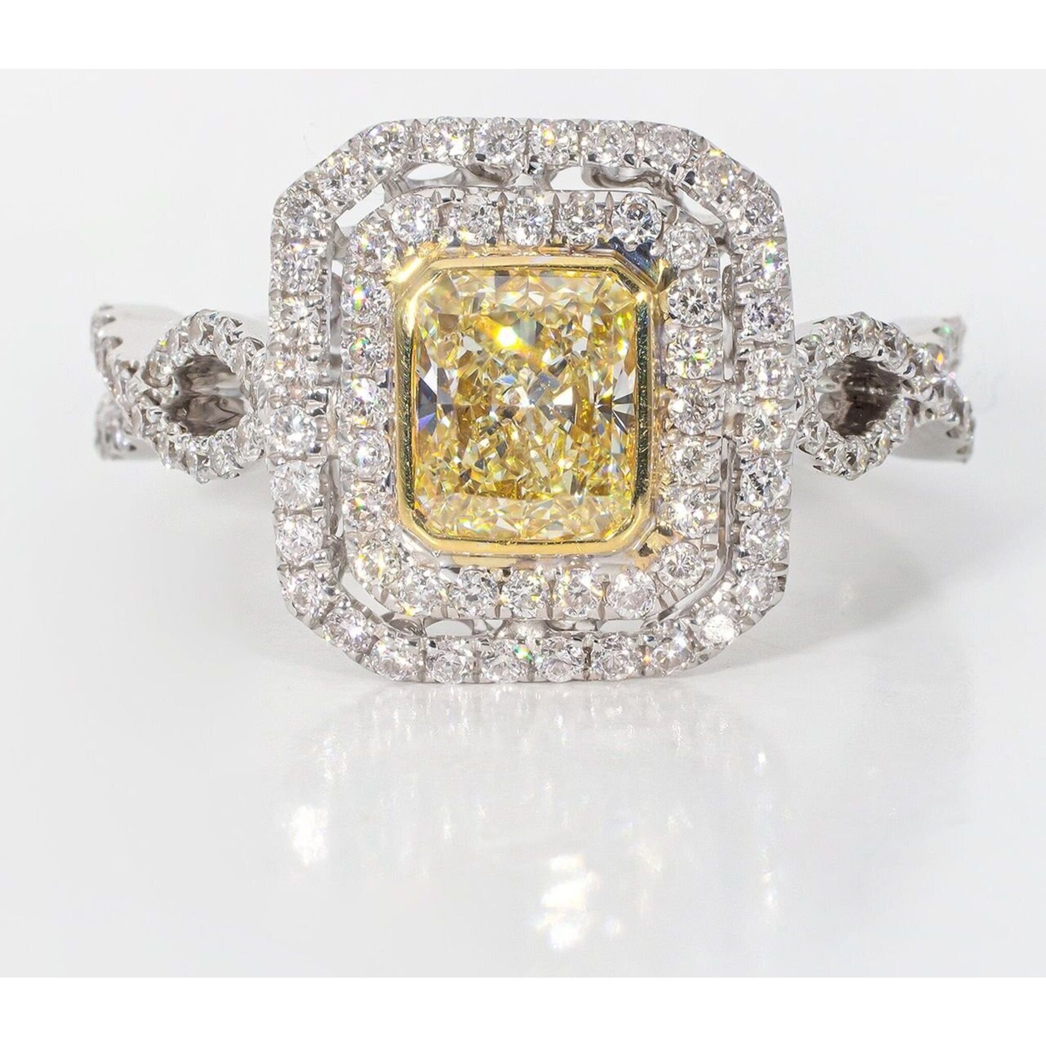 Ninacci 18K White Gold Double Halo Ring with GIA Certified FY/VS2 Radiant Diamond - 1.65 Carat Total Diamond Weight