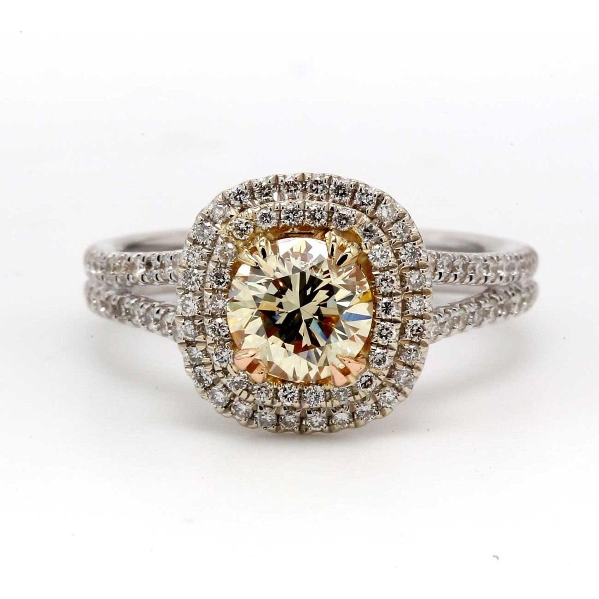 Ninacci 18K White Gold Double Halo Split-Shank Engagement Ring with GIA Certified T/VS2 Diamond - 1.45 Carat Total Diamond Weight