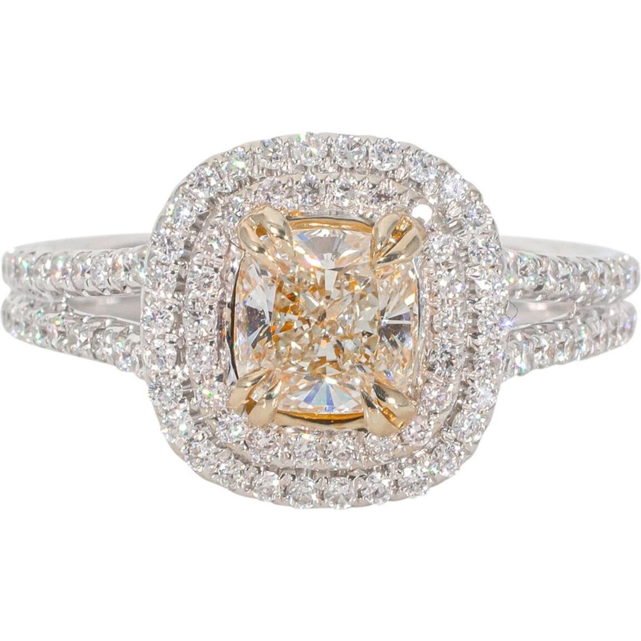 Ninacci 18K White Gold Double Halo Split-Shank Fancy Yellow Diamond Ring - 1.37 Carat Total Diamond Weight - Size 6.5