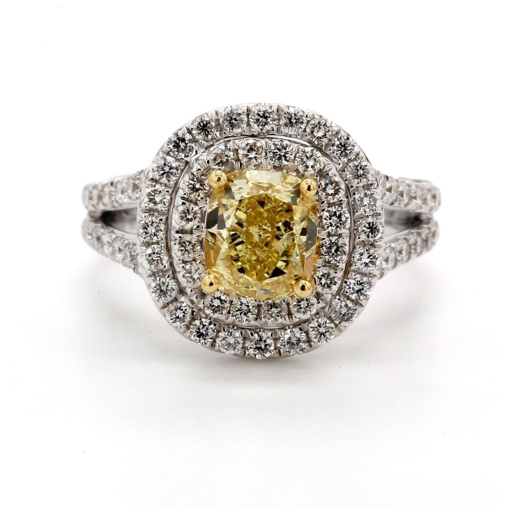 Ninacci 18K White Gold Double Halo Split-Shank Ring with GIA Certified Fancy Yellow Cushion Cut Diamond - 2.43 Carat Total Diamond Weight