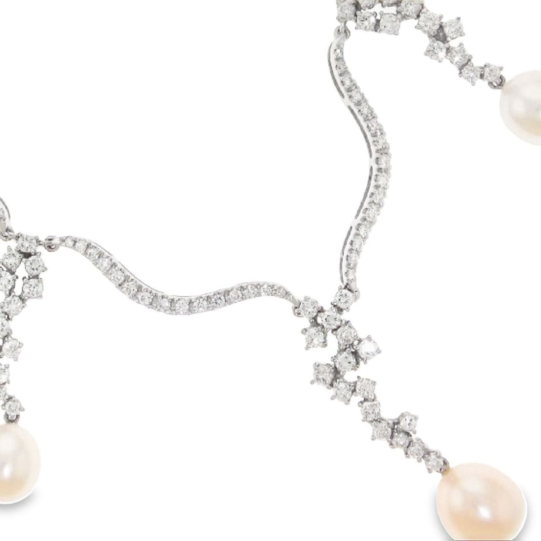 Ninacci 18K White Gold Drop Pearl and Diamond Necklace with French Pave Diamonds - 6.12 Carat Total Diamond Weight