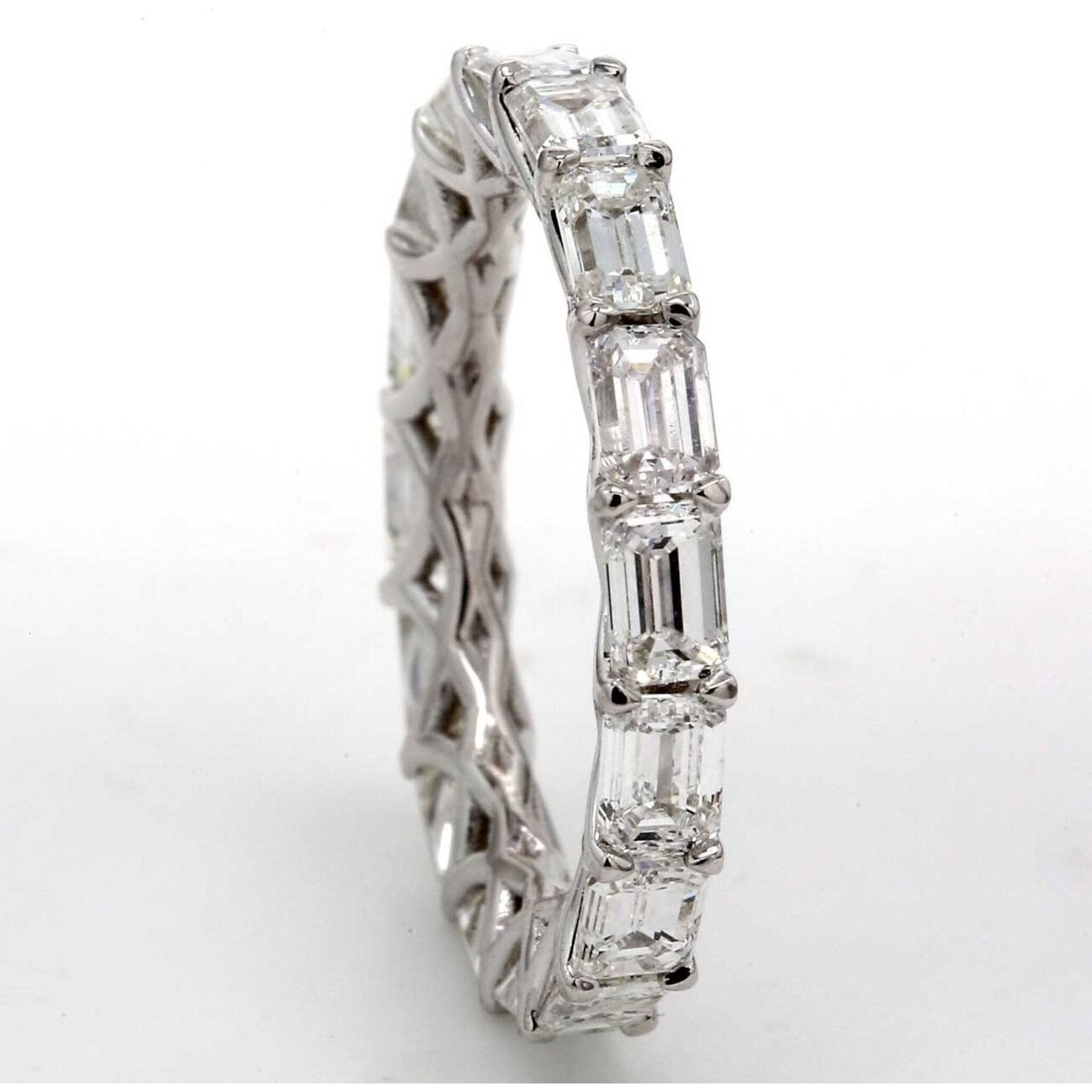 Ninacci 18K White Gold East-to-West Style Eternity Band with Shared U-Prong Set Emerald Cut Diamonds - 3.86 Carat Total Diamond Weight - Size 6.75