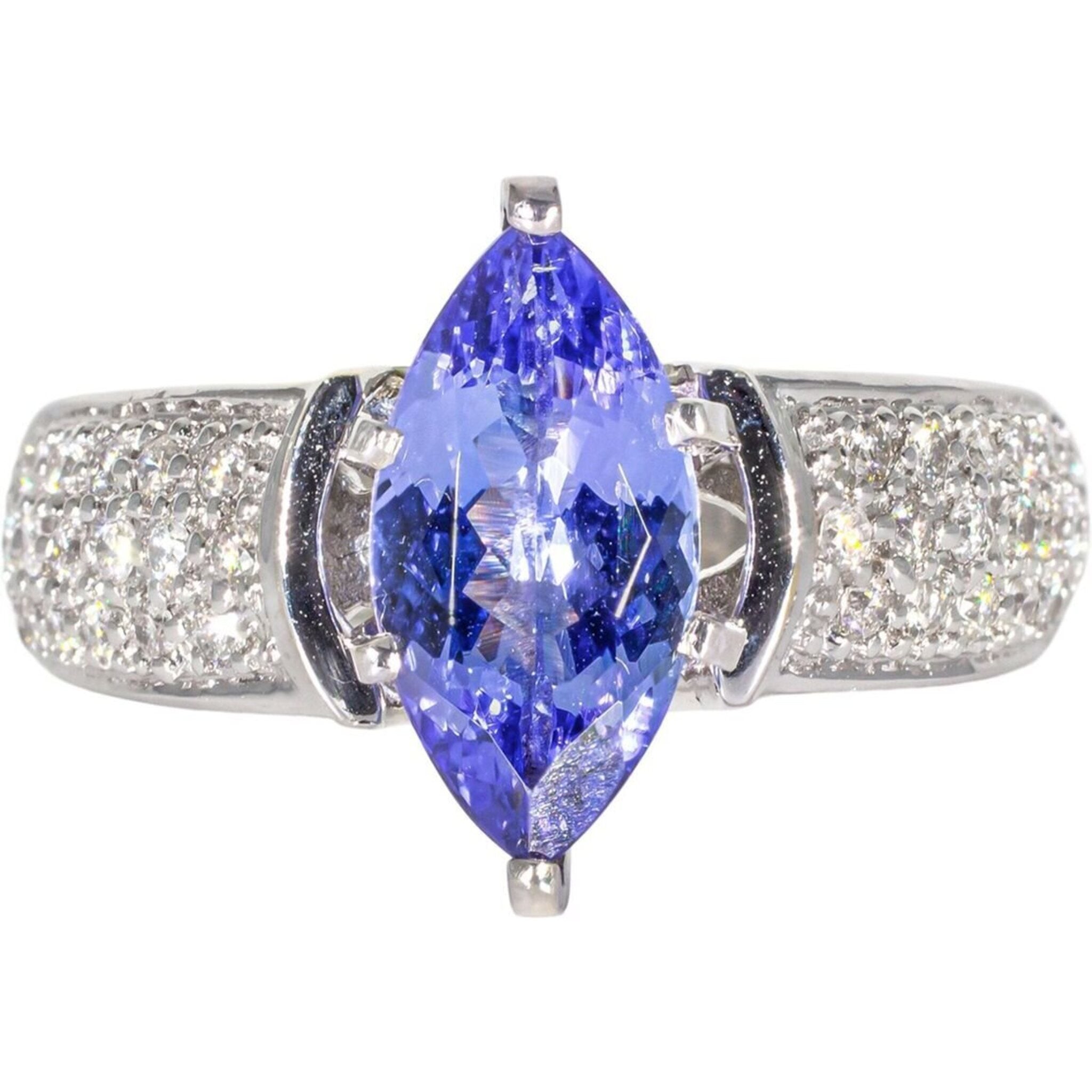 Ninacci 18K White Gold Enchanting Marquise Tanzanite Ring with Diamond Accents - 2.35 Carats Total Gem Weight - Size 7.0