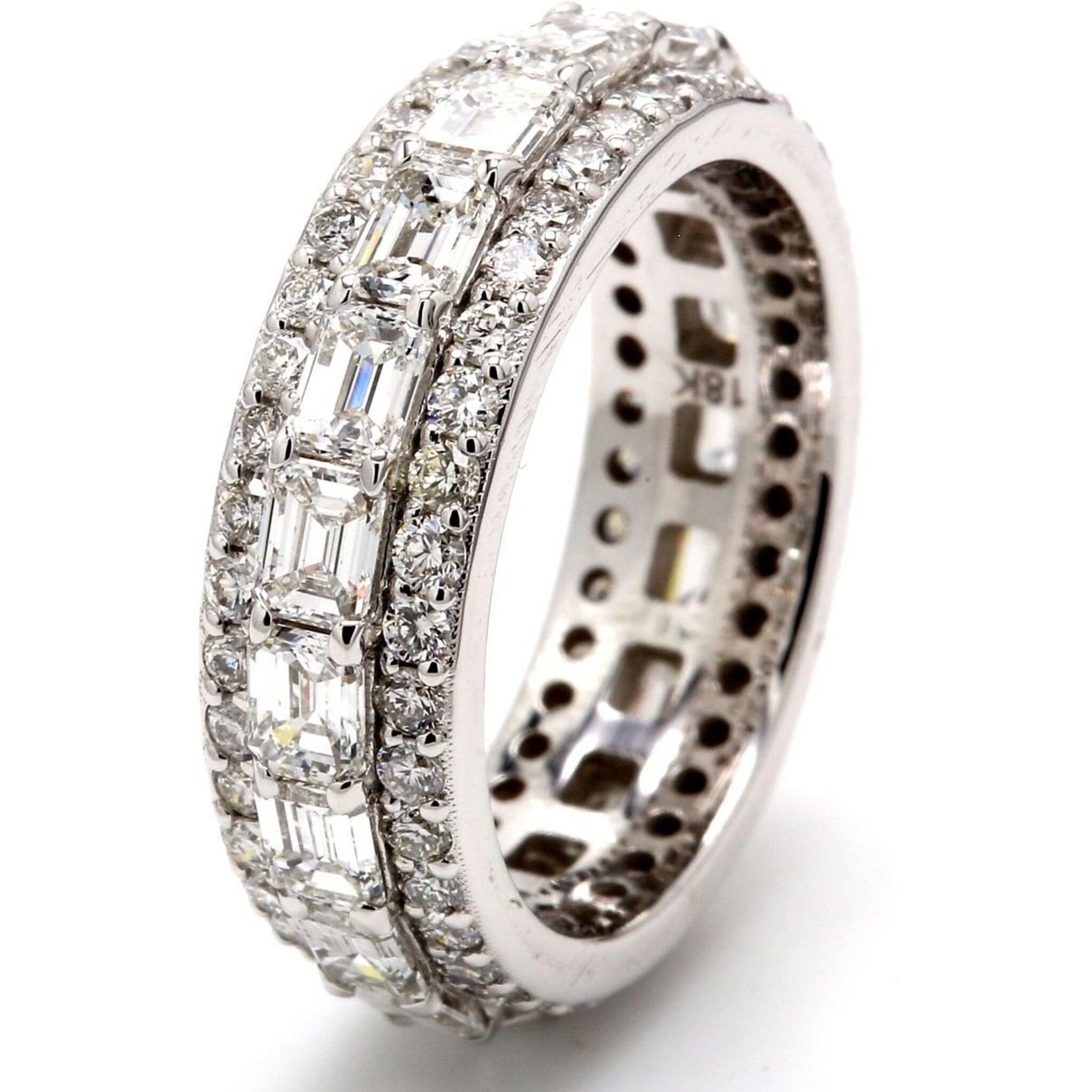 Ninacci 18K White Gold Eternity Band with Combination Pave Set Round Diamonds & Sideways Prong Set Emerald Cut Diamonds - 4.11 Carat Total Diamond Weight - Size 6.0
