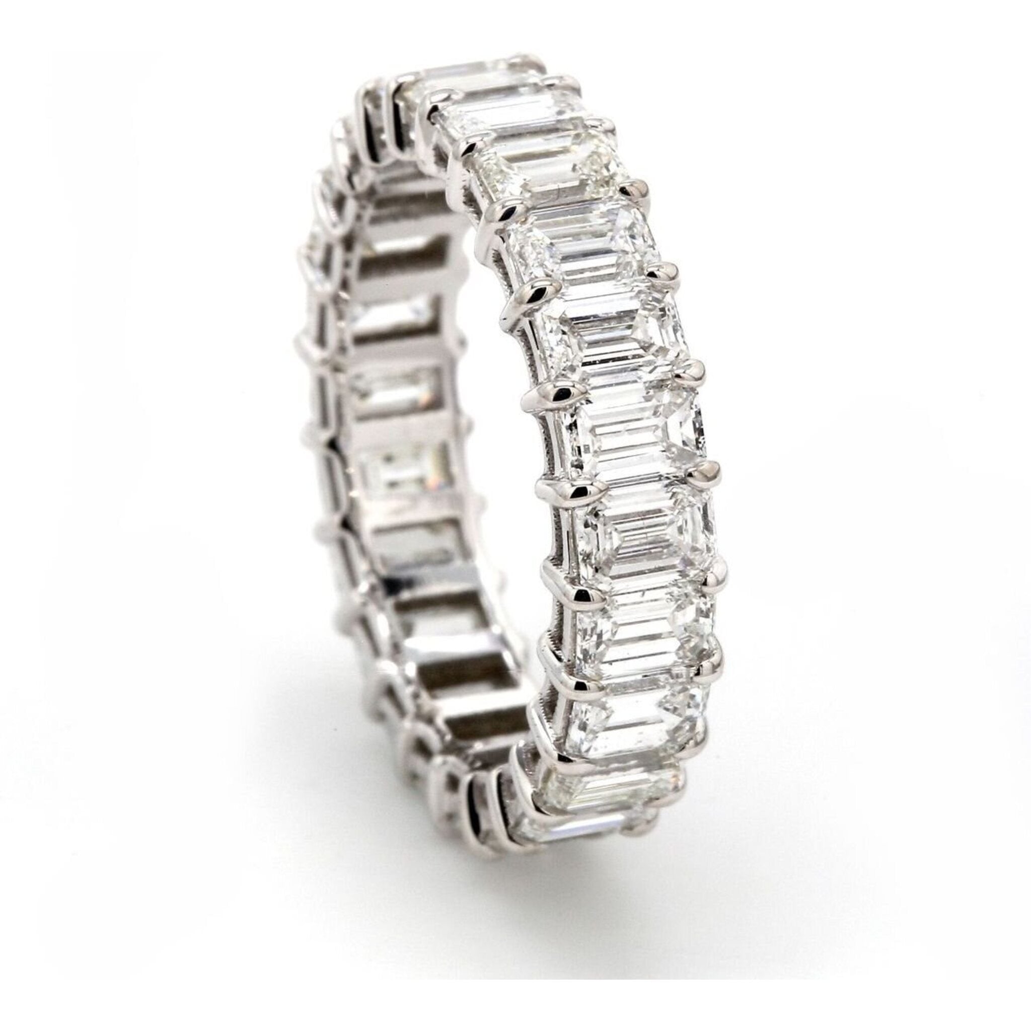 Ninacci 18K White Gold Eternity Band with Shared Prong Set Emerald Cut Diamonds - 4.37 Carat Total Diamond Weight - Size 5.25