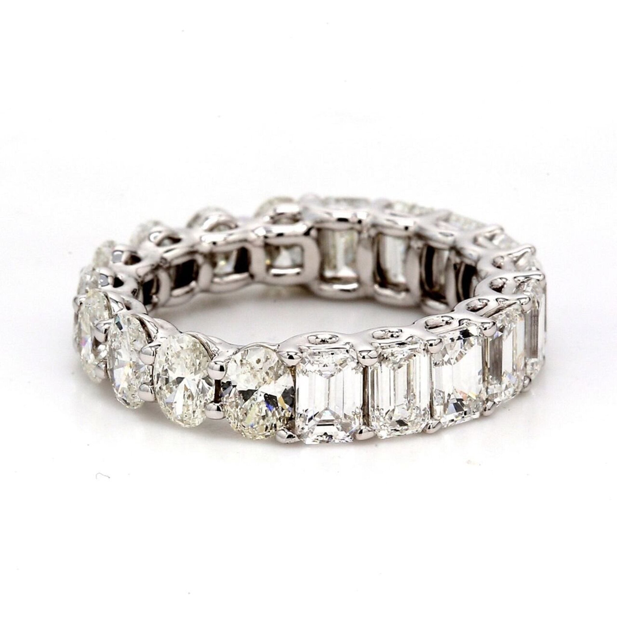 Ninacci 18K White Gold Eternity Band with Shared U-Prong Set Oval & Emerald Cut Diamonds - 4.24 Carat Total Diamond Weight - Size 5.0