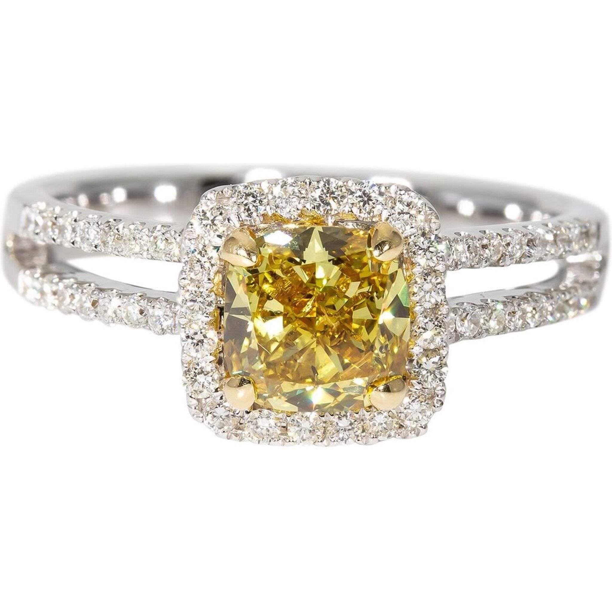 Ninacci 18K White Gold Fancy Yellow Diamond Halo Double Shank Engagement Ring - 1.68 Carat Total Diamond Weight - Size 6.25
