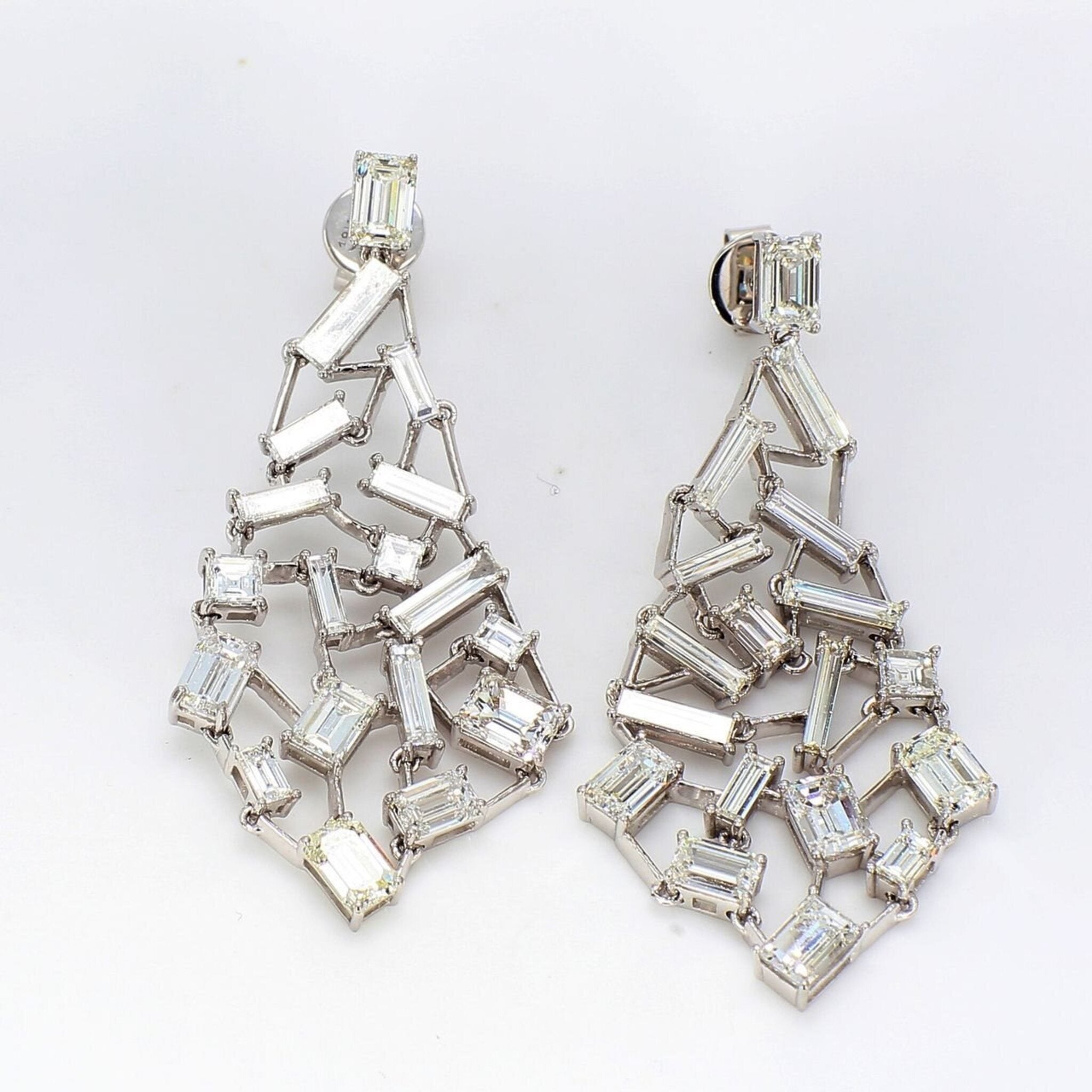 Ninacci 18K White Gold Free Style Chandelier Earrings with Prong Set Emerald, Baguette, & Asscher Cut Diamonds - 8.05 Carat Total Diamond Weight
