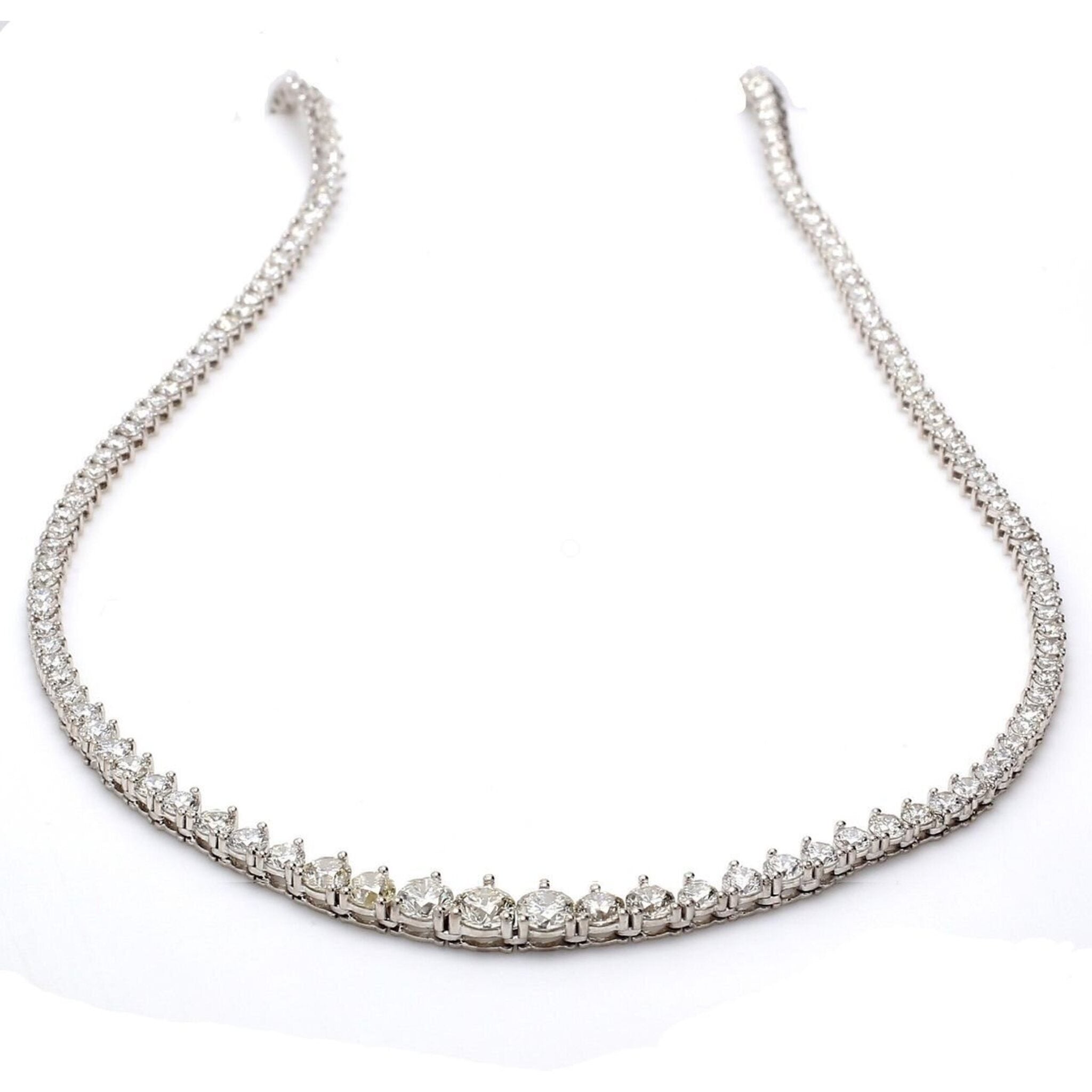 Ninacci 18K White Gold Graduated Tennis Necklace with 3-Prong Set Round Diamonds - 9.33 Carat Total Diamond Weight