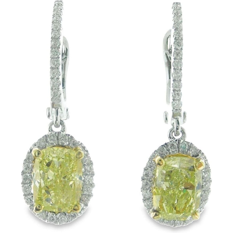 Ninacci 18K White Gold Halo Dangling Earrings with Fancy Yellow Oval Diamond - 1.99 Carat Total Diamond Weight