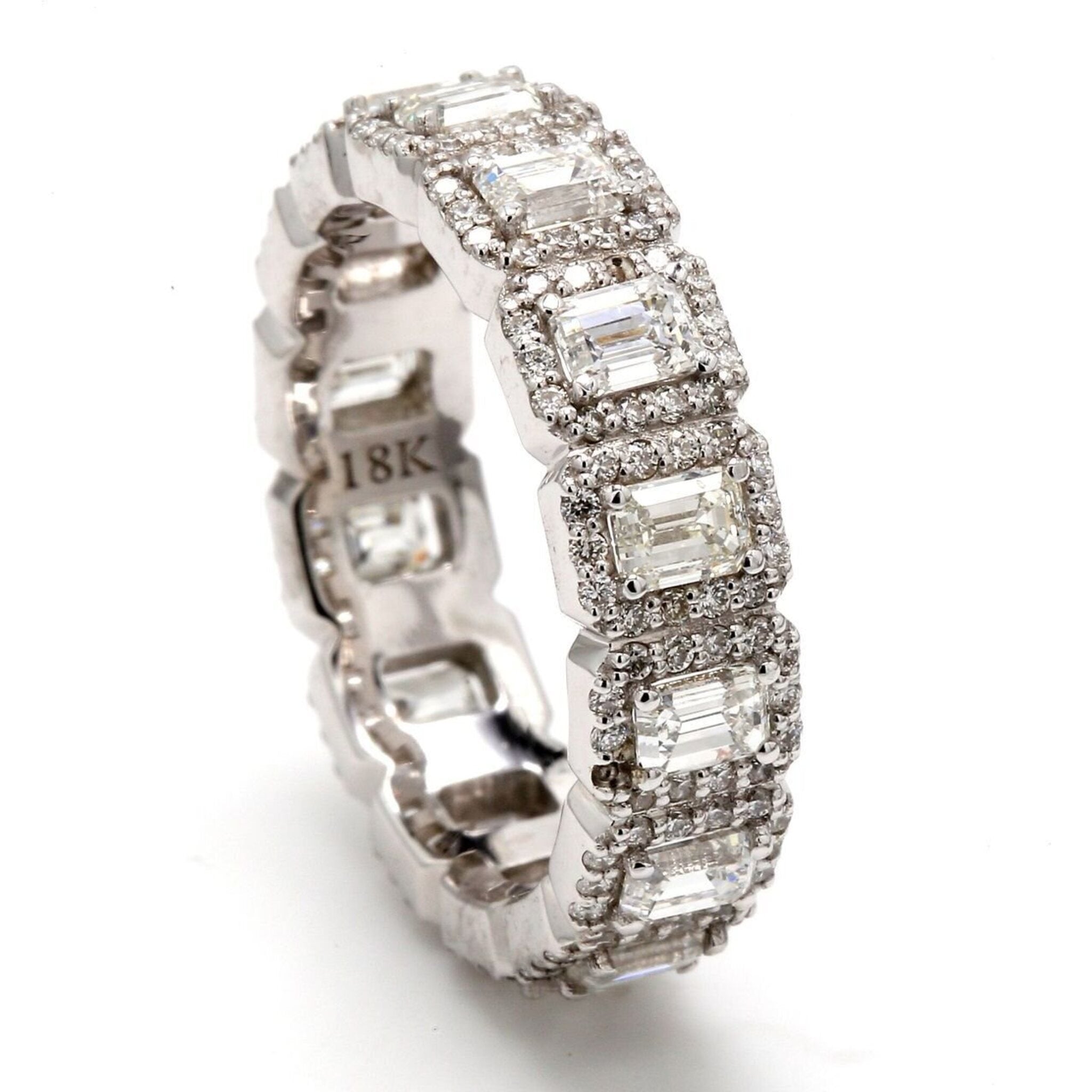 Ninacci 18K White Gold Halo Eternity Band with 14 Emerald-Cut Diamonds - 3.56 Carat Total Diamond Weight - Size 7.5