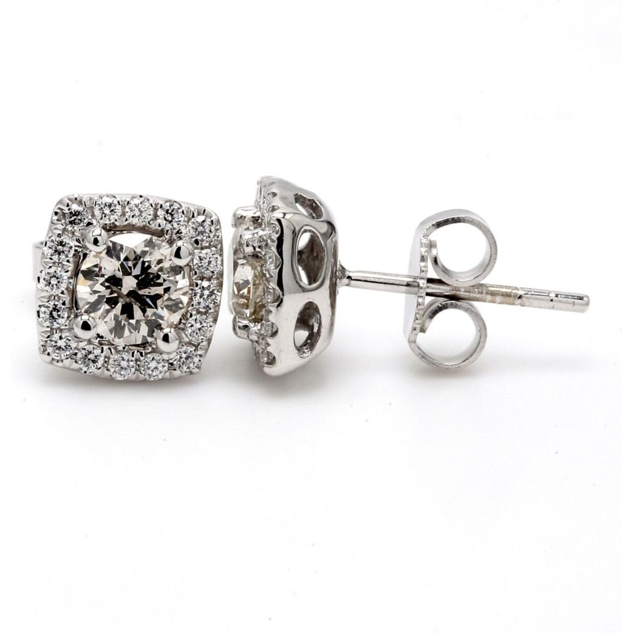 Ninacci 18K White Gold Halo Push Back Stud Earrings with 1.14 Carat Total Diamond Weight