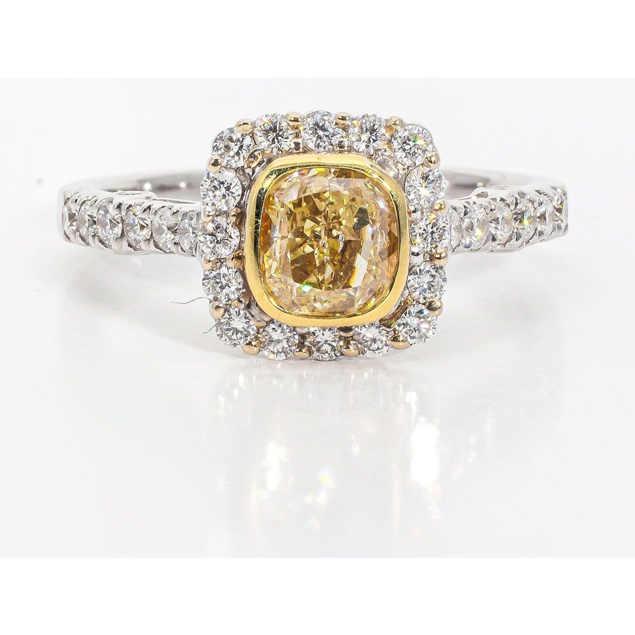 Ninacci 18K White Gold Halo Ring with Bezel-Set FY Cushion Cut Diamond - 1.50 Carat Total Diamond Weight