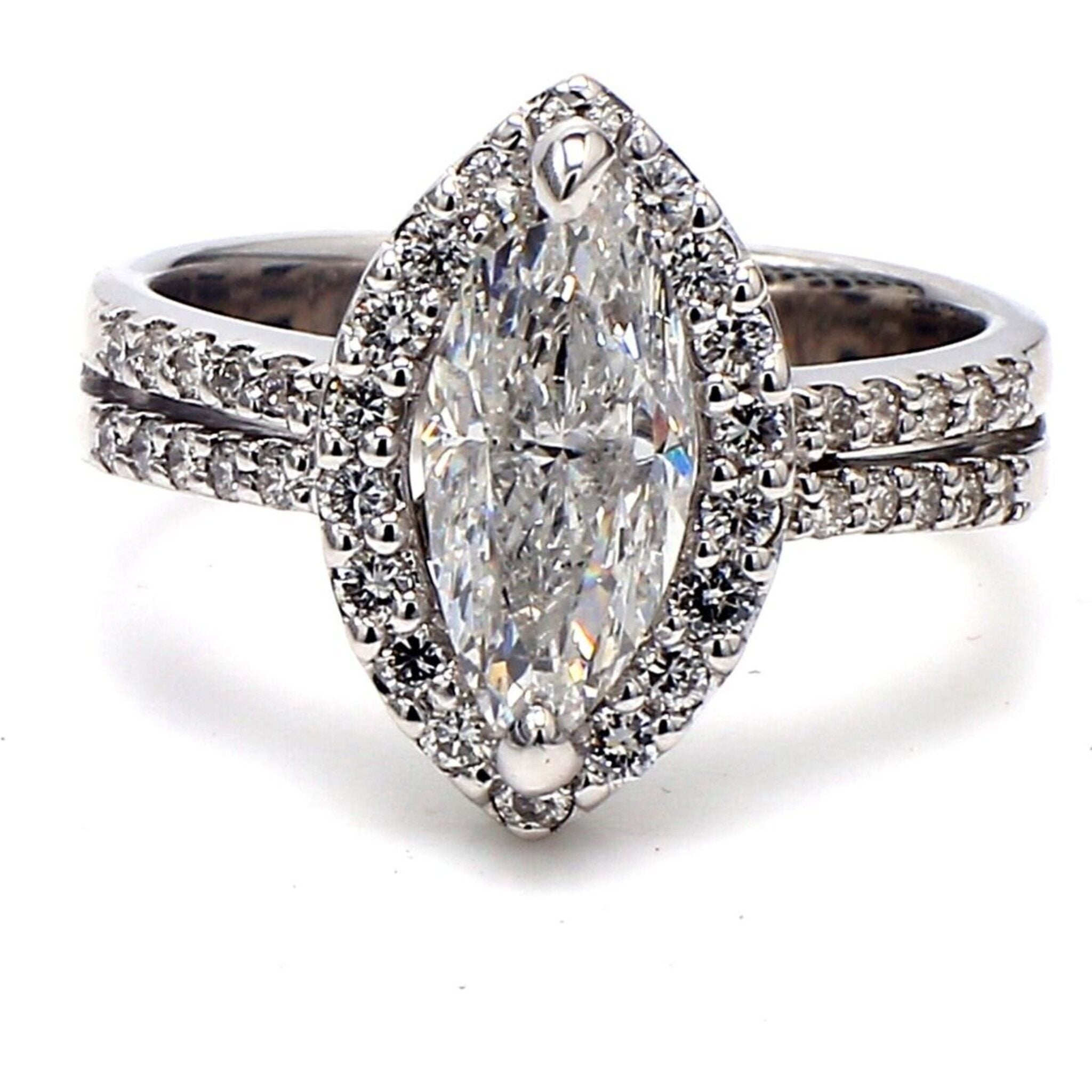 Ninacci 18K White Gold Halo Ring with D/SI3 Marquise Diamond - 2.21 Carat Total Diamond Weight