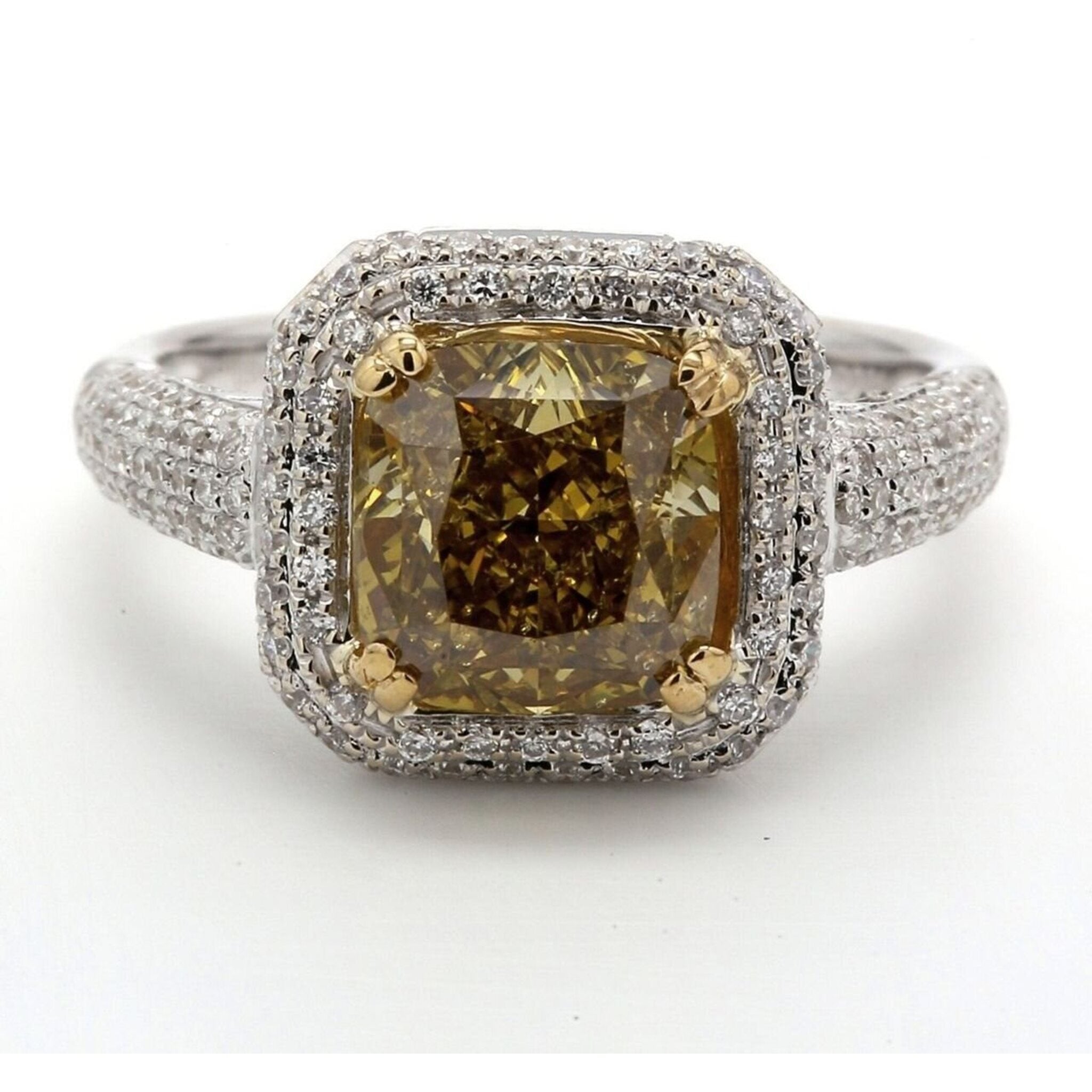 Ninacci 18K White Gold Halo Ring with GIA Certified Fancy Deep Brownish Yellow Cushion Center - 3.59 Carat Total Diamond Weight