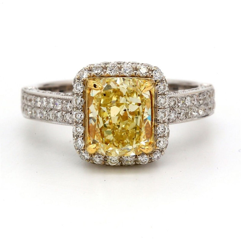 Ninacci 18K White Gold Halo Ring with GIA Certified Fancy Yellow Cushion Cut Diamond - 2.82 Carat Total Diamond Weight