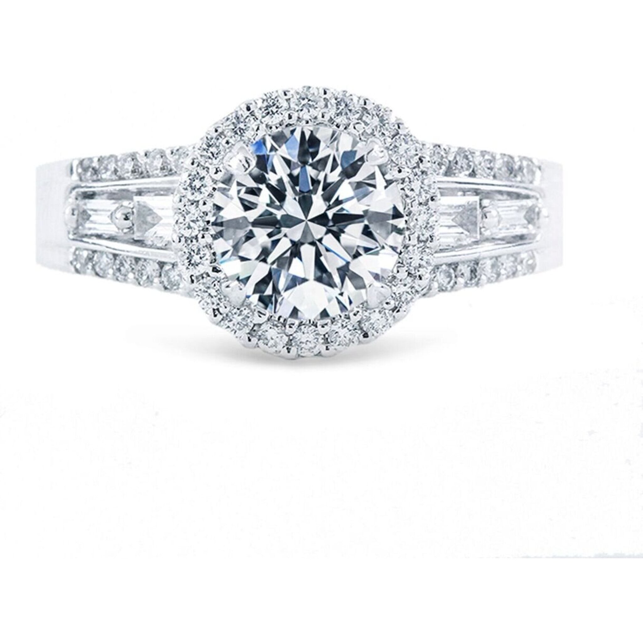 Ninacci 18K White Gold Halo Semi-Mount Ring with French Pave and Baguette Diamonds - 0.48 Carat Total Diamond Weight