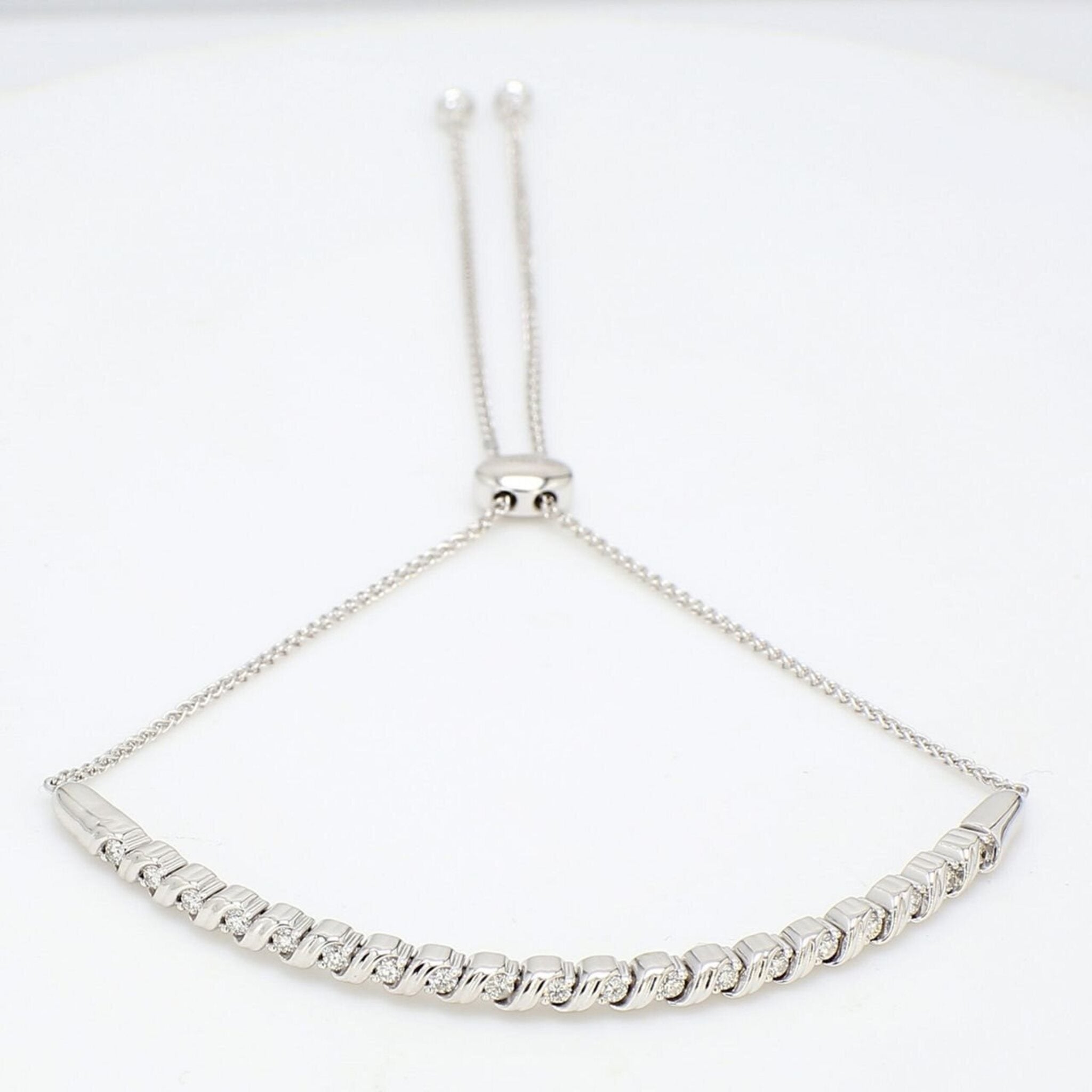 Ninacci 18K White Gold Knot Draw String S-style Curve Bangle with Prong-Set Round Diamonds - 0.33 Carat Total Diamond Weight