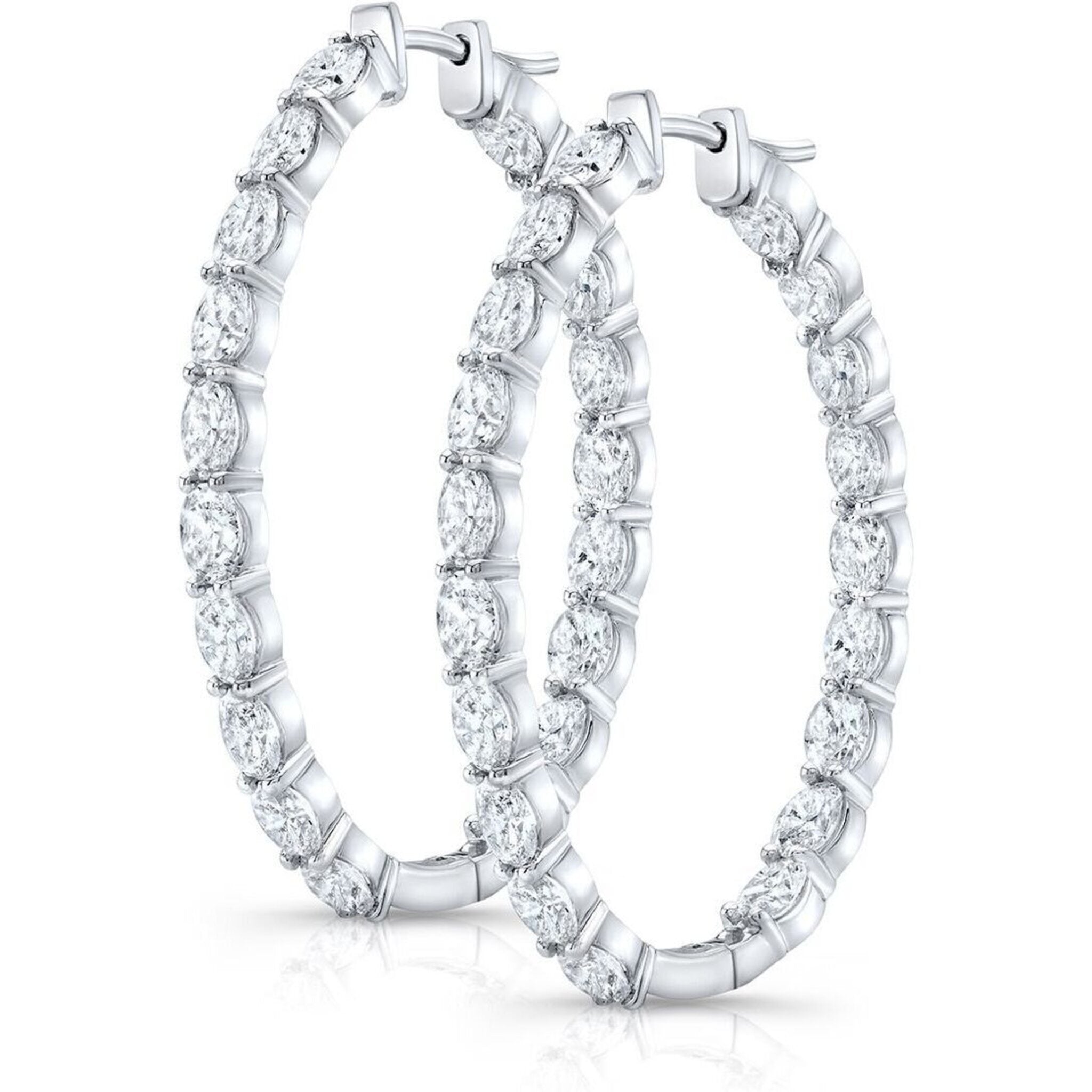 Ninacci 18K White Gold Oval Shape Inside Out Hoop Earrings with Prong-Set Diamonds - 8.96 Carat Total Diamond Weight