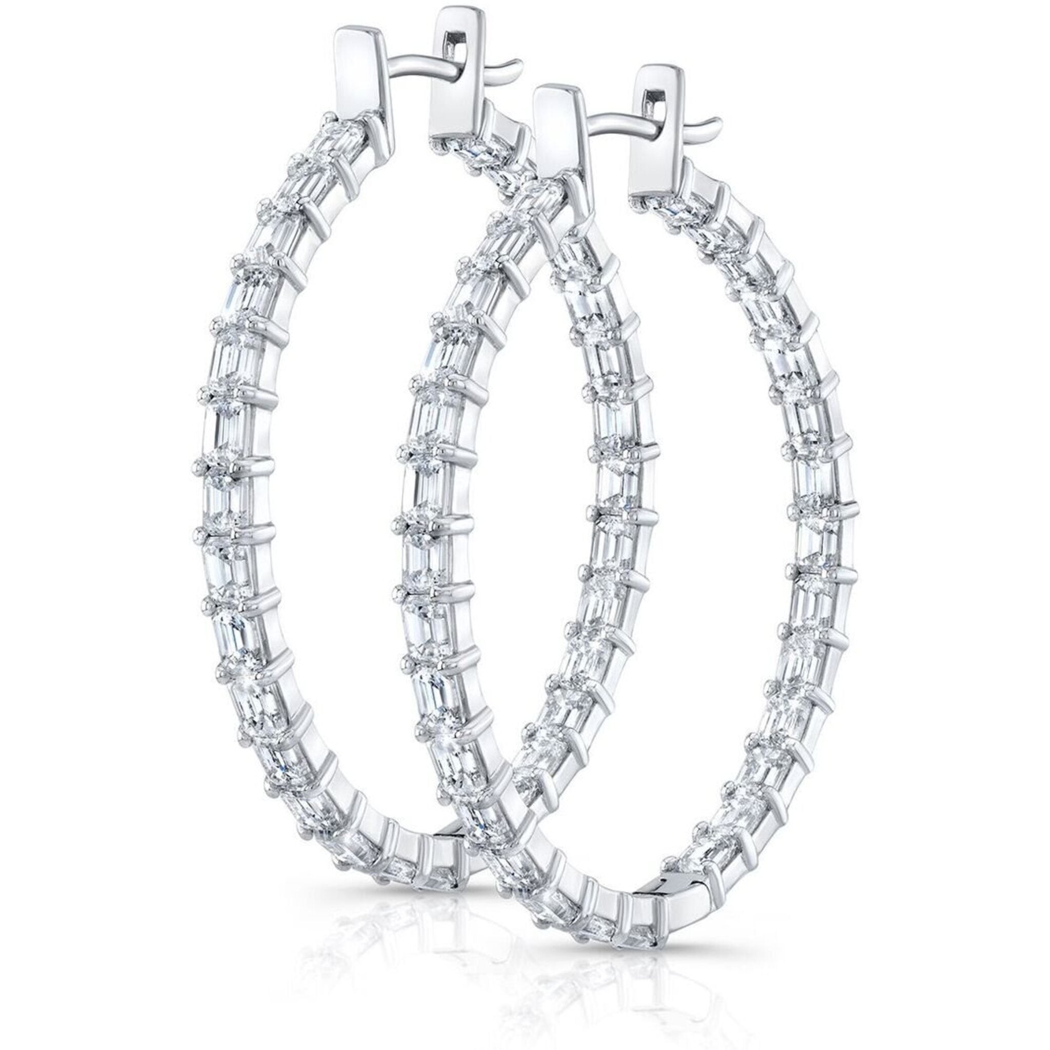 Ninacci 18K White Gold Oval Shaped Inside Out Hoop Earrings with 48 Emerald Cut Diamonds - 6.12 Carat Total Diamond Weight