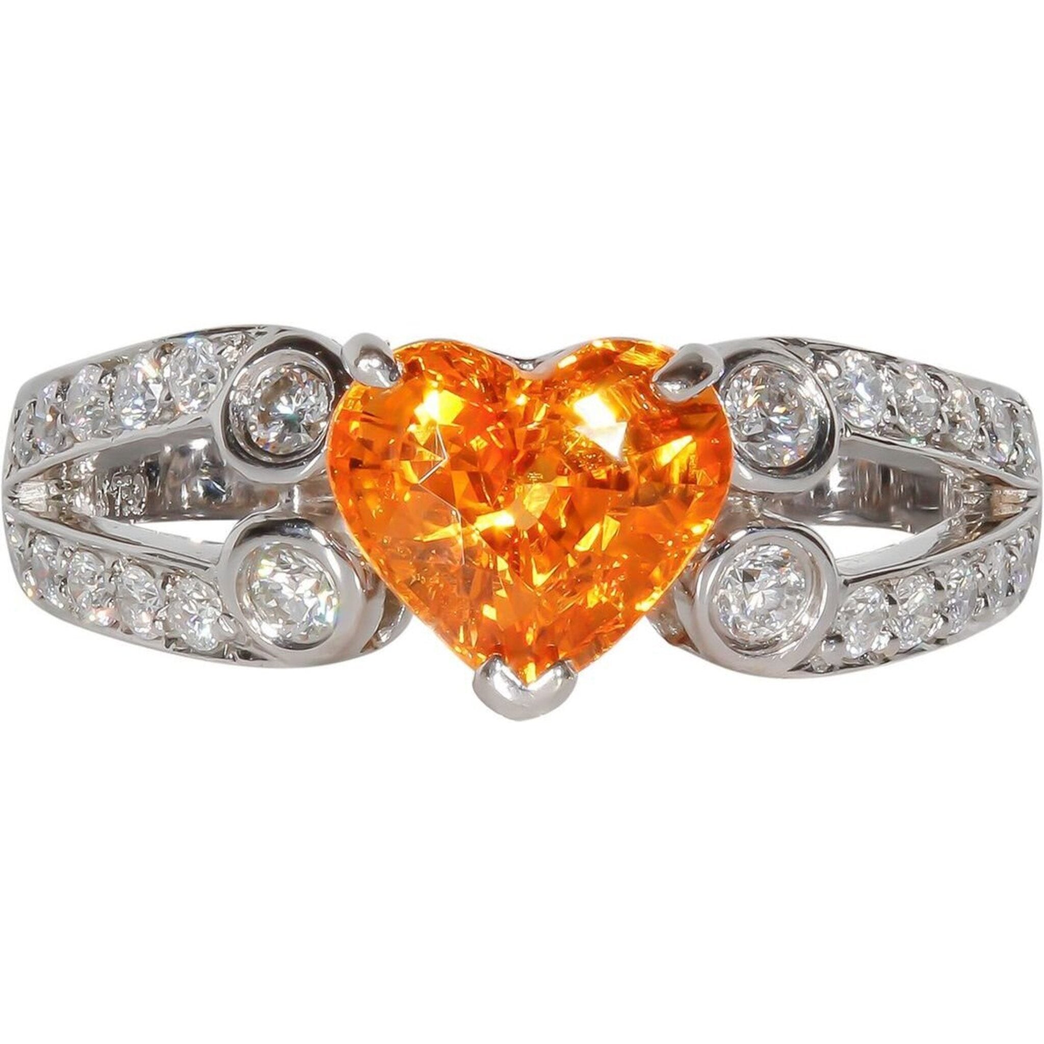 Ninacci 18K White Gold Split Shank Ring with Pave Diamonds and Heart-Shaped Spessartite 2.20 Carats Total Gem Weight - Size 6.5