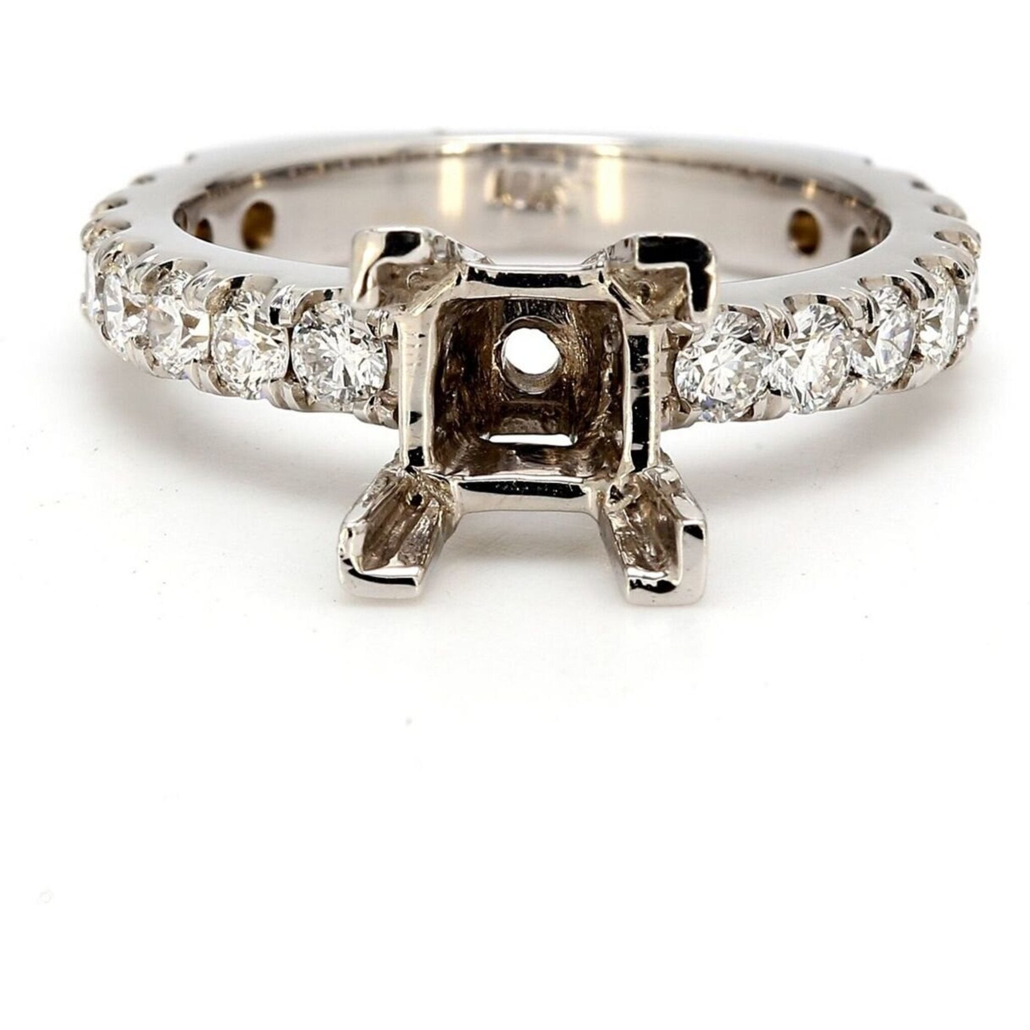 Ninacci 18K White Gold Square Bottom Shank Semi-Mount Ring with U-Prong Set Round Diamonds - 1.02 Carat Total Diamond Weight - Size 6.0