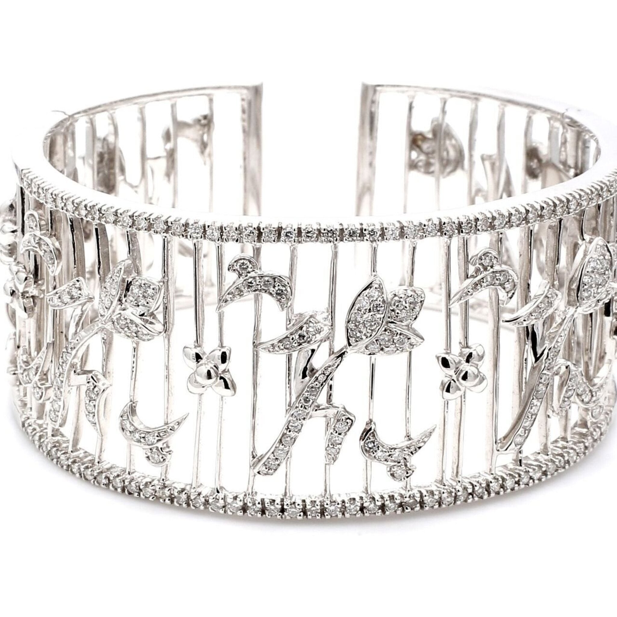 Ninacci 18K White Gold Tulip Flower Design Cuff with 1.40 Carats Round Diamonds - Elegance Personified