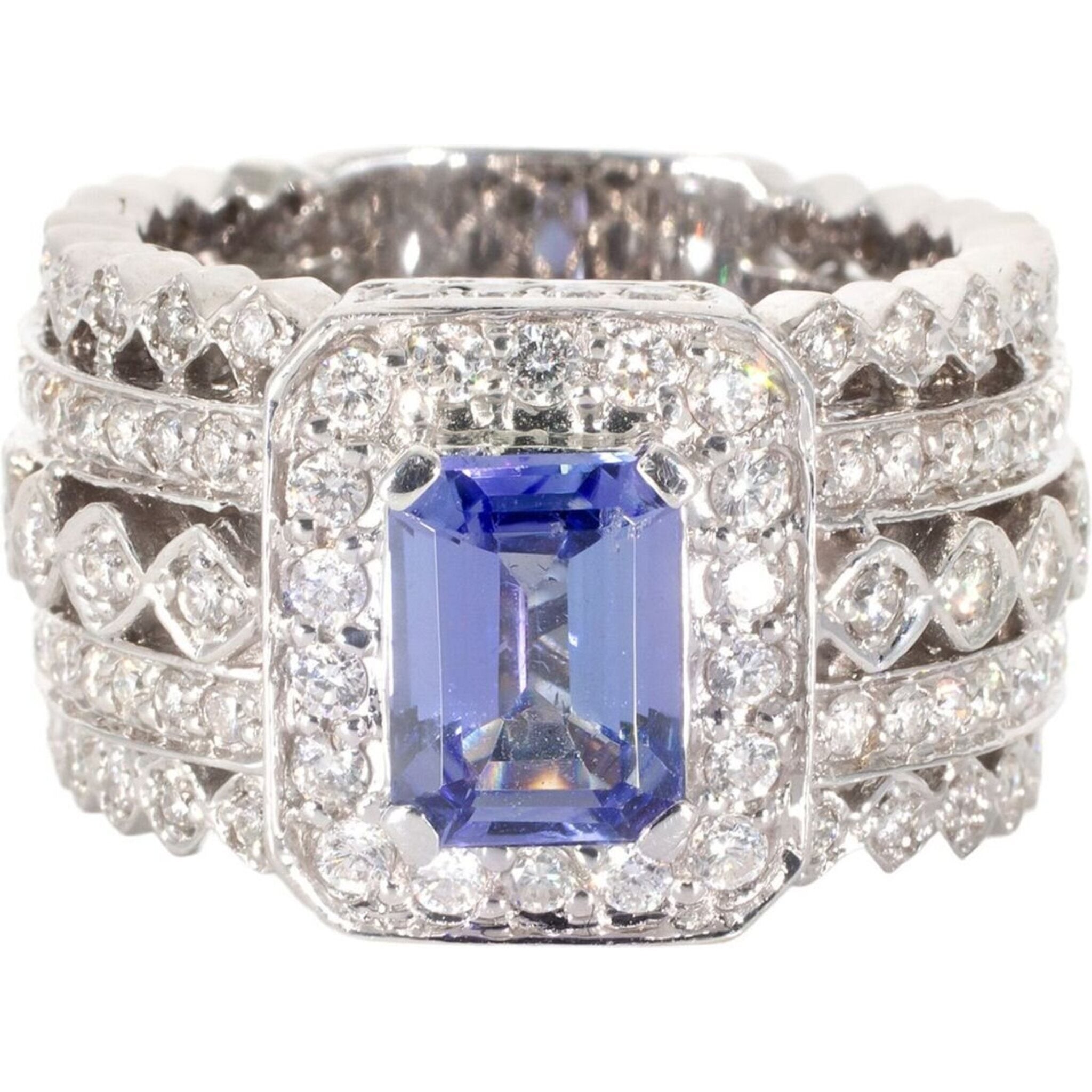 Ninacci 18K White Gold Wide Halo Ring with 1.75 Carats Diamond and 1.40 Carats Tanzanite Center Stone - Size 6.5