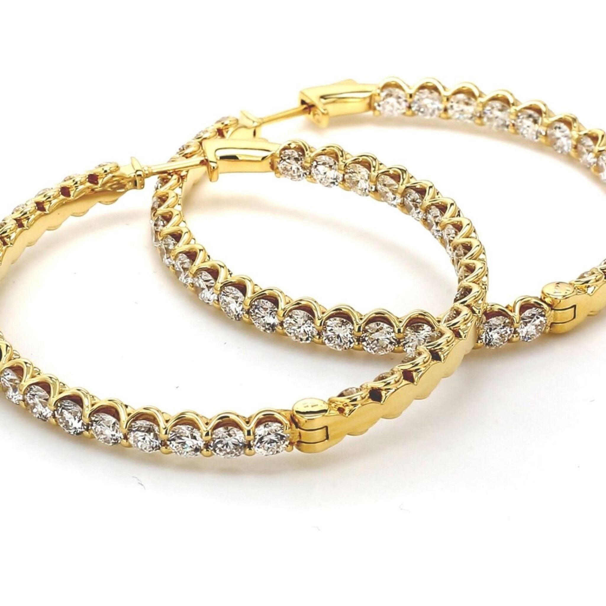 Ninacci 18K Yellow Gold Dazzling 1.80" Inside Out Hoop Earrings with U-Prong Set Round Diamonds - 11.56 Carat Total Diamond Weight