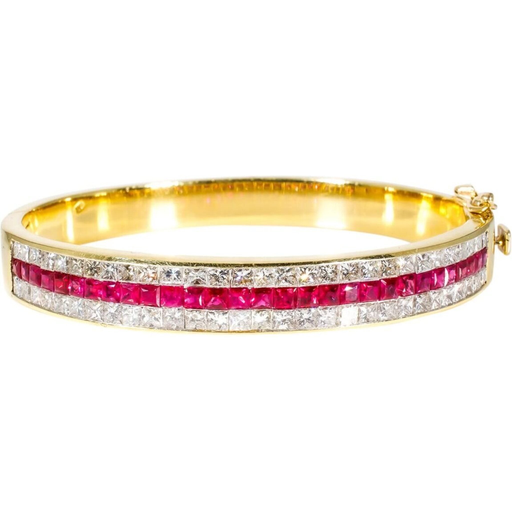 Ninacci 18K Yellow Gold Princess Cut Diamond and Ruby Bangle - Radiant Opulence and Timeless Elegance
