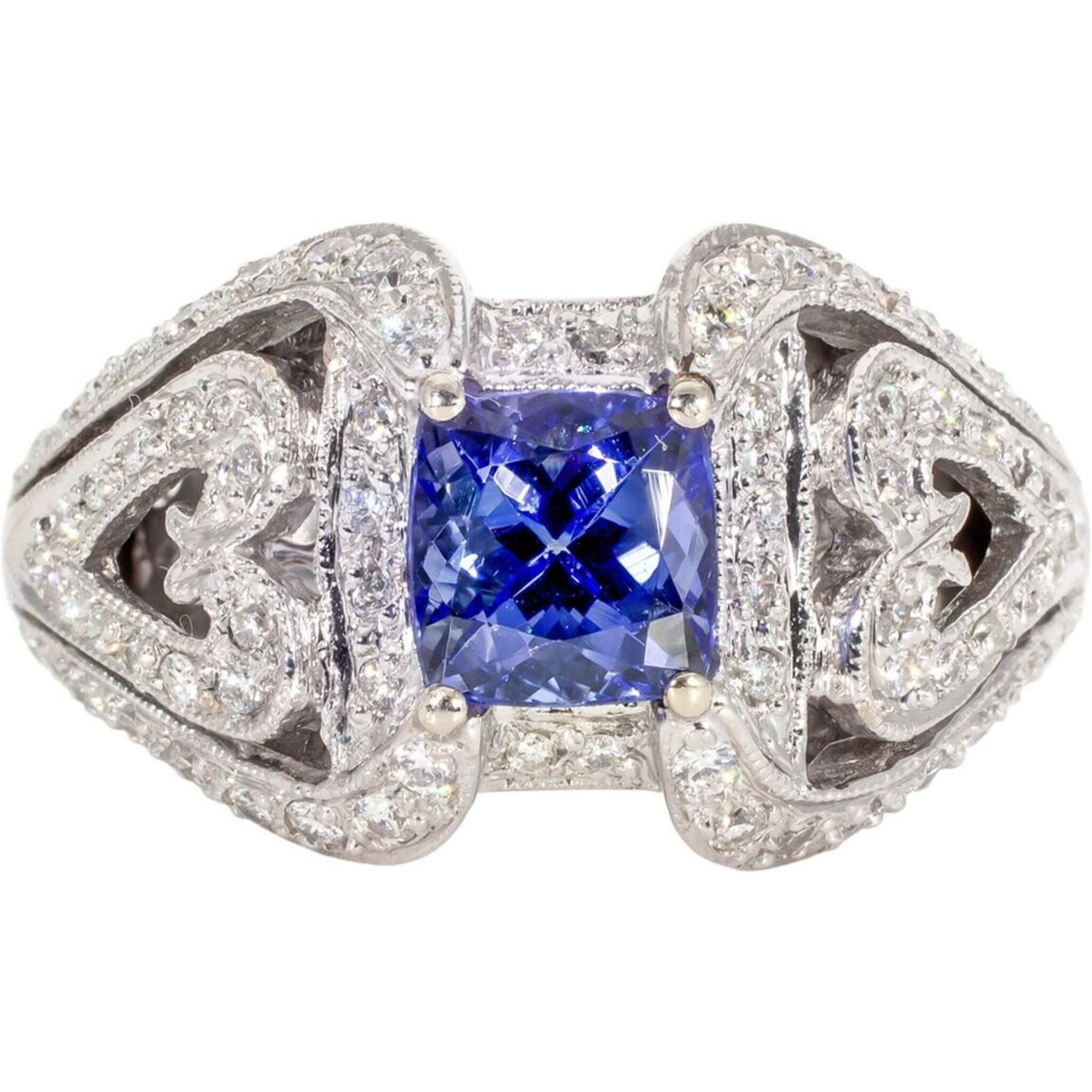 Ninacci Antique Style 18K White Gold Ring with Pave Set Diamonds and Tanzanite Center Stone - 1.65 Carats - Size 6.5