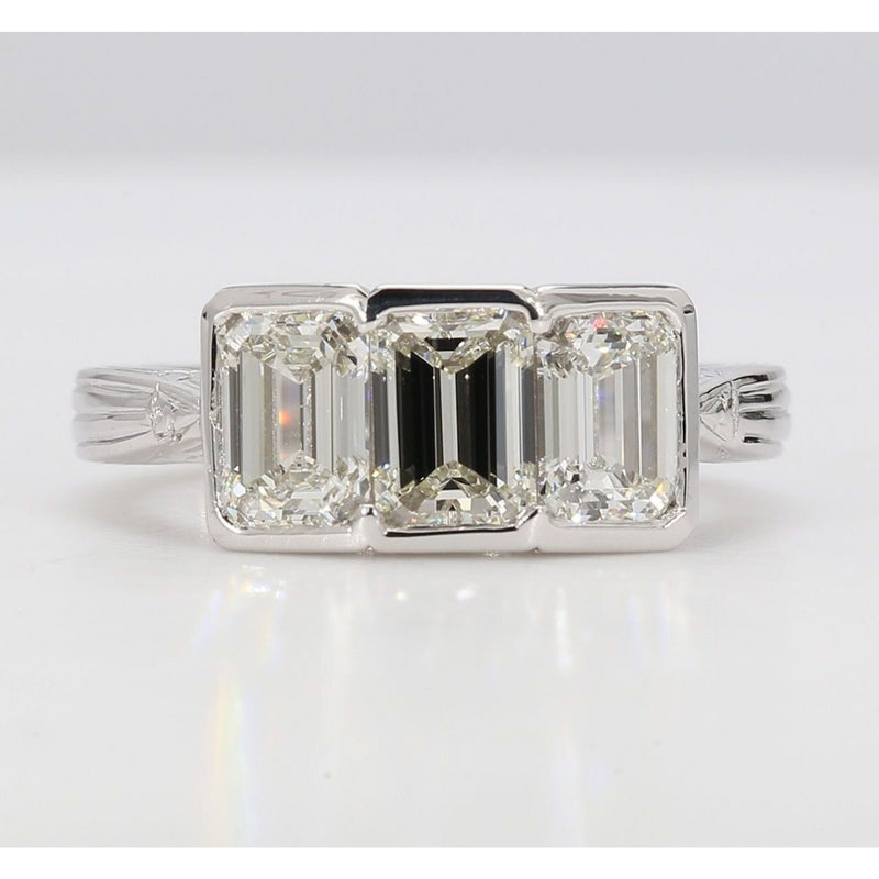 Ninacci Platinum 3-Stone Ring with Half Bezel Set Emerald Cut Diamonds - D1.92 Carat Total Diamond Weight - Size 5