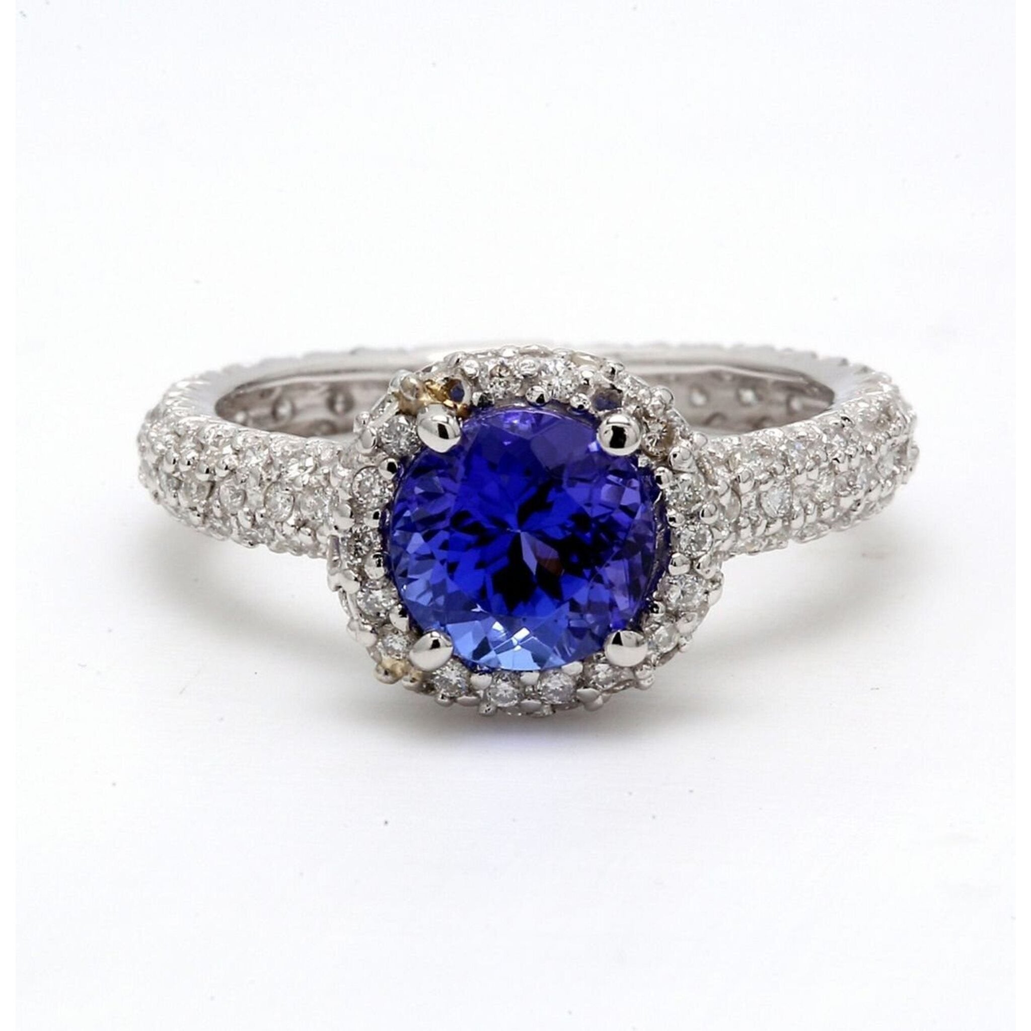 Ninacci Platinum Halo Eternity Ring with Tanzanite Center - 0.84 Carats Diamonds, 1.76 Carats Tanzanite