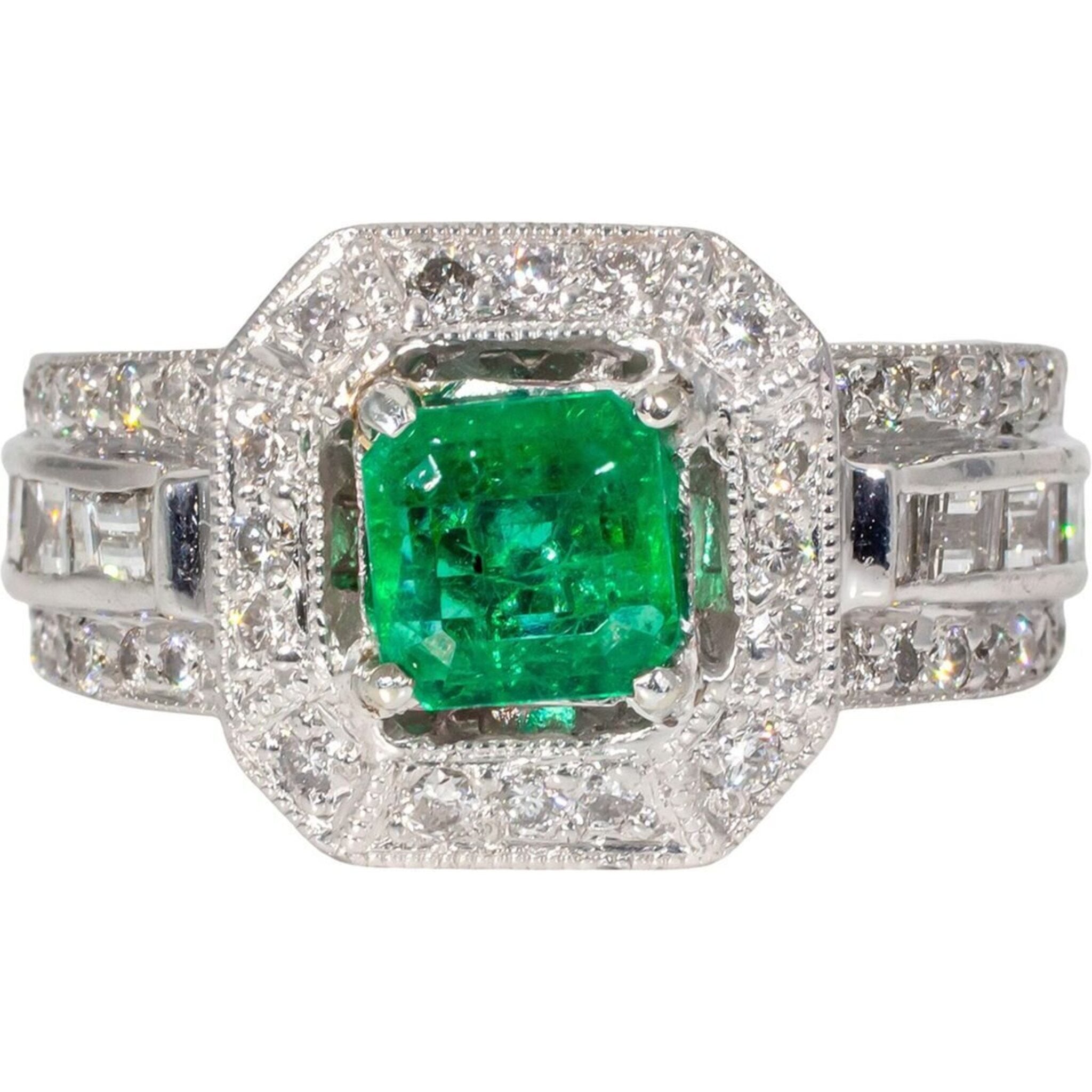 Ninacci Platinum Halo Ring with Emerald and Pave Set Diamonds - 1.10 Carat Total Diamond Weight - Size 5.5