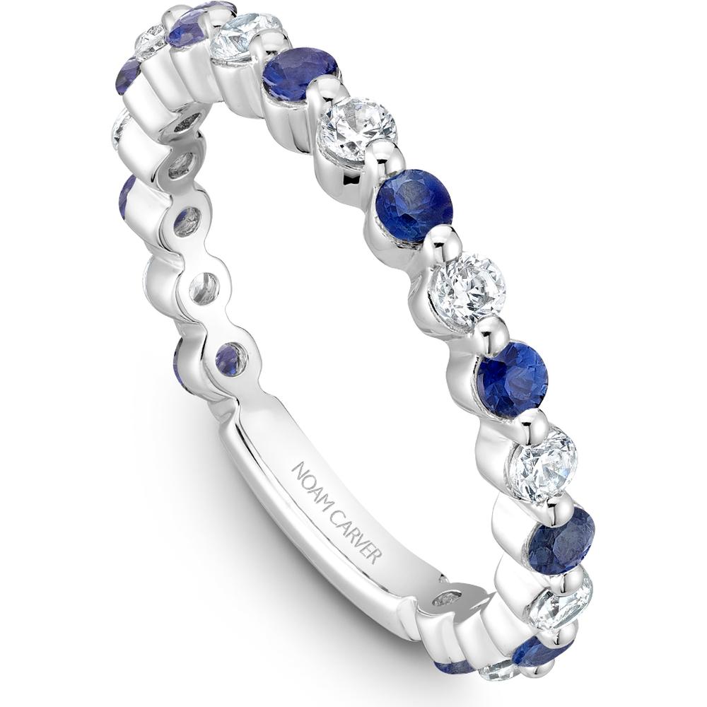 Noam Carver 14K White Gold Stackable Wedding Band with Round Diamonds and Blue Sapphires - 0.97 Carat Total Gem Weight