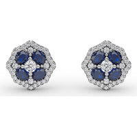 Octagonal Stud Earrings with Cushion Cut Sapphires and Round Diamond Halo by Fana - 1.45 Carat Total Gemstone Weight