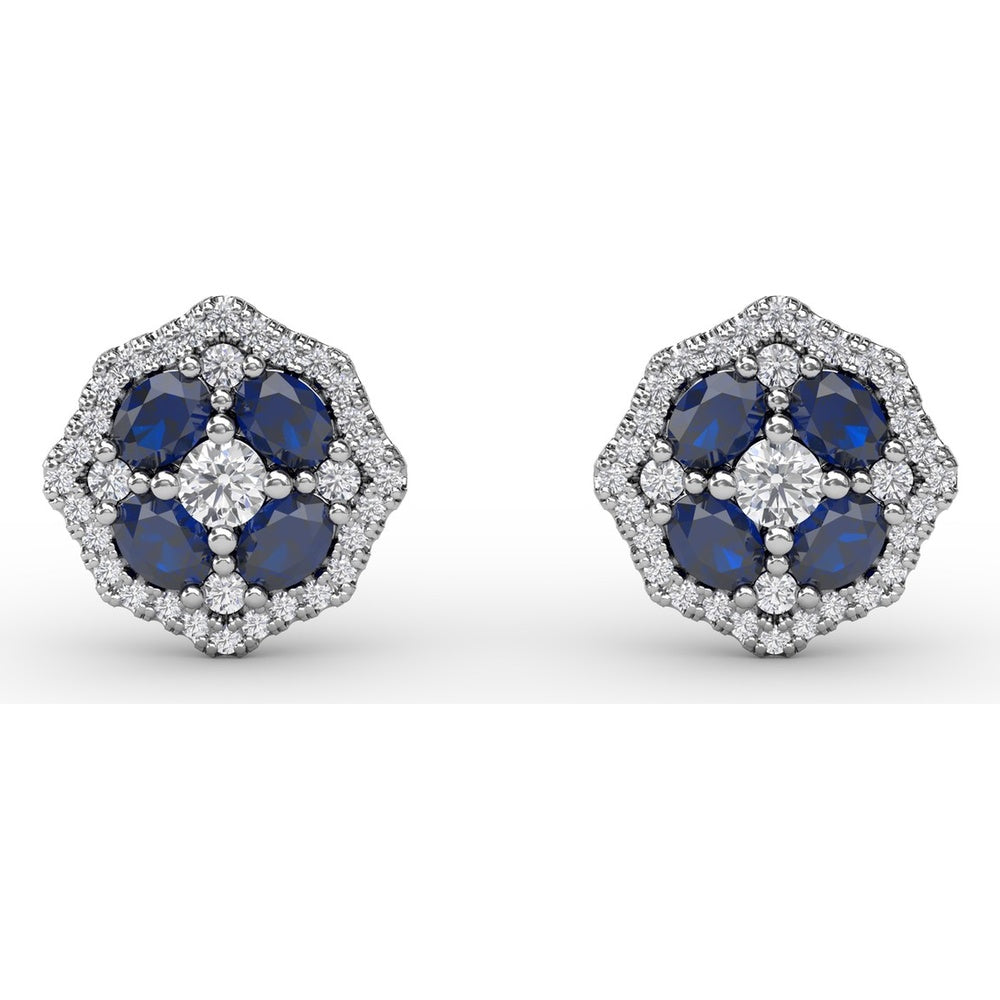 Octagonal Stud Earrings with Cushion Cut Sapphires and Round Diamond Halo by Fana - 1.45 Carat Total Gemstone Weight