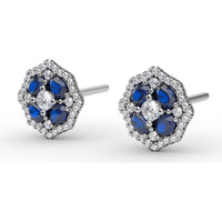 Octagonal Stud Earrings with Cushion Cut Sapphires and Round Diamond Halo by Fana - 1.45 Carat Total Gemstone Weight