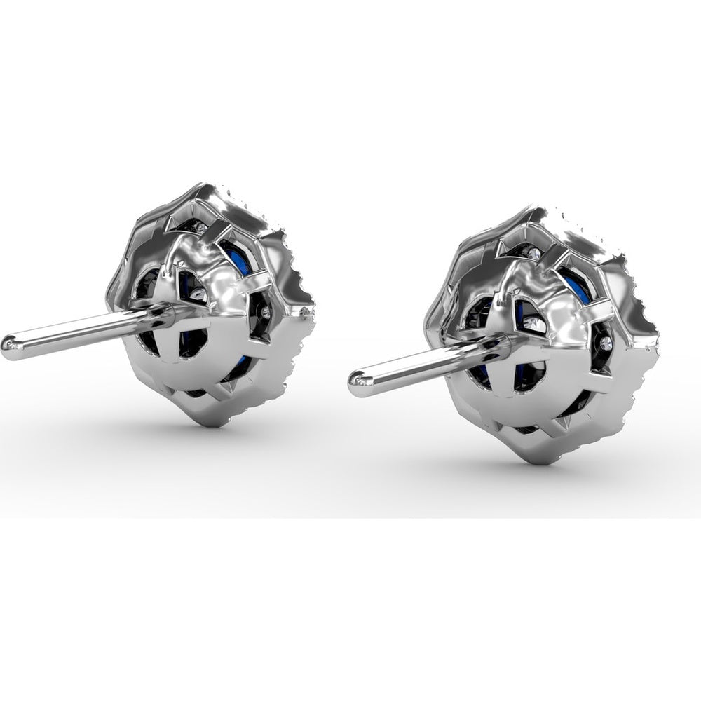 Octagonal Stud Earrings with Cushion Cut Sapphires and Round Diamond Halo by Fana - 1.45 Carat Total Gemstone Weight