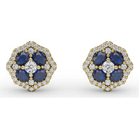 Octagonal Stud Earrings with Cushion Cut Sapphires and Round Diamond Halo by Fana - 1.45 Carat Total Gemstone Weight