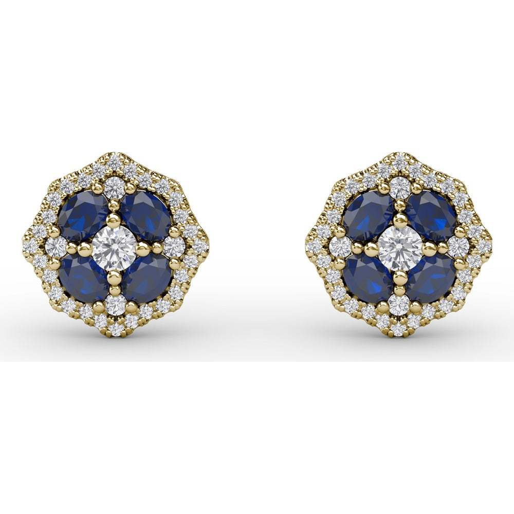 Octagonal Stud Earrings with Cushion Cut Sapphires and Round Diamond Halo by Fana - 1.45 Carat Total Gemstone Weight