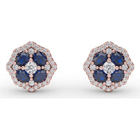Octagonal Stud Earrings with Cushion Cut Sapphires and Round Diamond Halo by Fana - 1.45 Carat Total Gemstone Weight