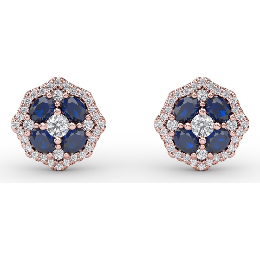 Octagonal Stud Earrings with Cushion Cut Sapphires and Round Diamond Halo by Fana - 1.45 Carat Total Gemstone Weight