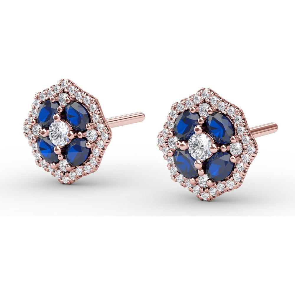 Octagonal Stud Earrings with Cushion Cut Sapphires and Round Diamond Halo by Fana - 1.45 Carat Total Gemstone Weight
