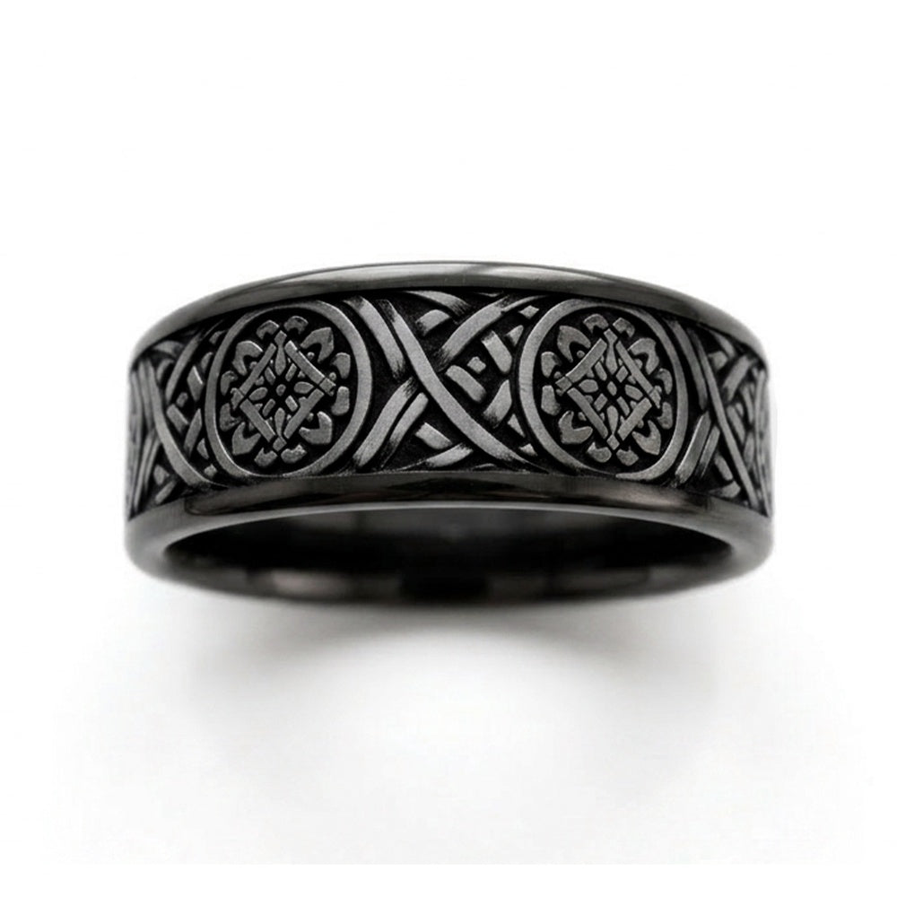 Odin Script Men's Wedding Band in Black Titanium and Grey Tantalum - 7.5mm Width by Tantalum